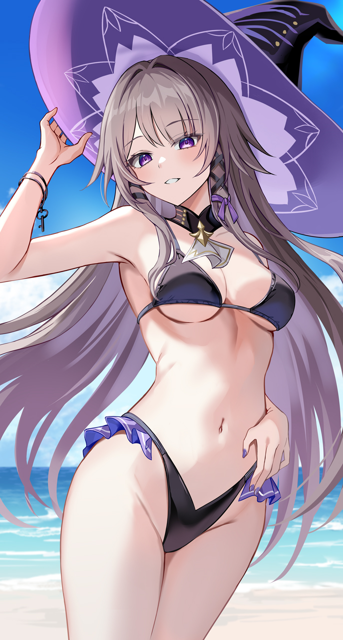 1girl, absurdres, armpits, arms up, ascot, bare shoulders, beach, belly, belly button, bikini, black bikini, black hat, black swimsuit, blue sky, blush, bra, bracelet, breasts, brown hair, cleavage, confident, detached collar, female, female focus, female only, genius, grey hair, hair ornament, harimoji, hat, herta (honkai: star rail), highleg, highleg bikini, highres, honkai (series), honkai: star rail, inner sideboob, jewelry, key, long hair, looking at viewer, medium breasts, mommy, navel, outdoors, panties, perfect body, purple eyes, purple hair, ribbon, ribbon in hair, shore, sideboob, sky, small breasts, smile, smiling, solo, swimsuit, the herta (honkai: star rail), thick thighs, thighs, two-tone hair, underboob, witch, witch hat