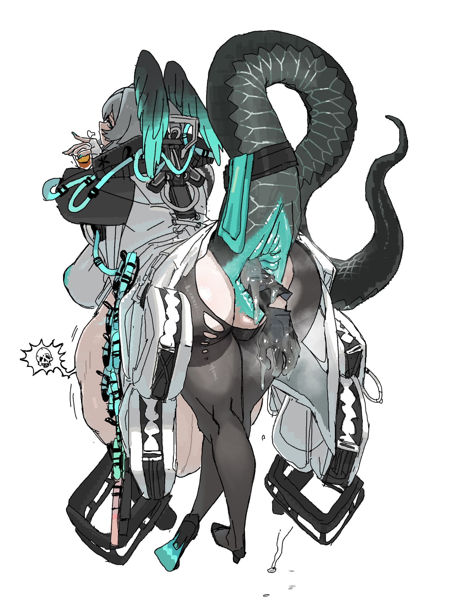 1girl, anal vore, anus, arknights, ass, breath cloud, cocktail glass, female, ho'olheyak (arknights), snake girl, tail, tailhole, torn pantyhose, victim alice, vore