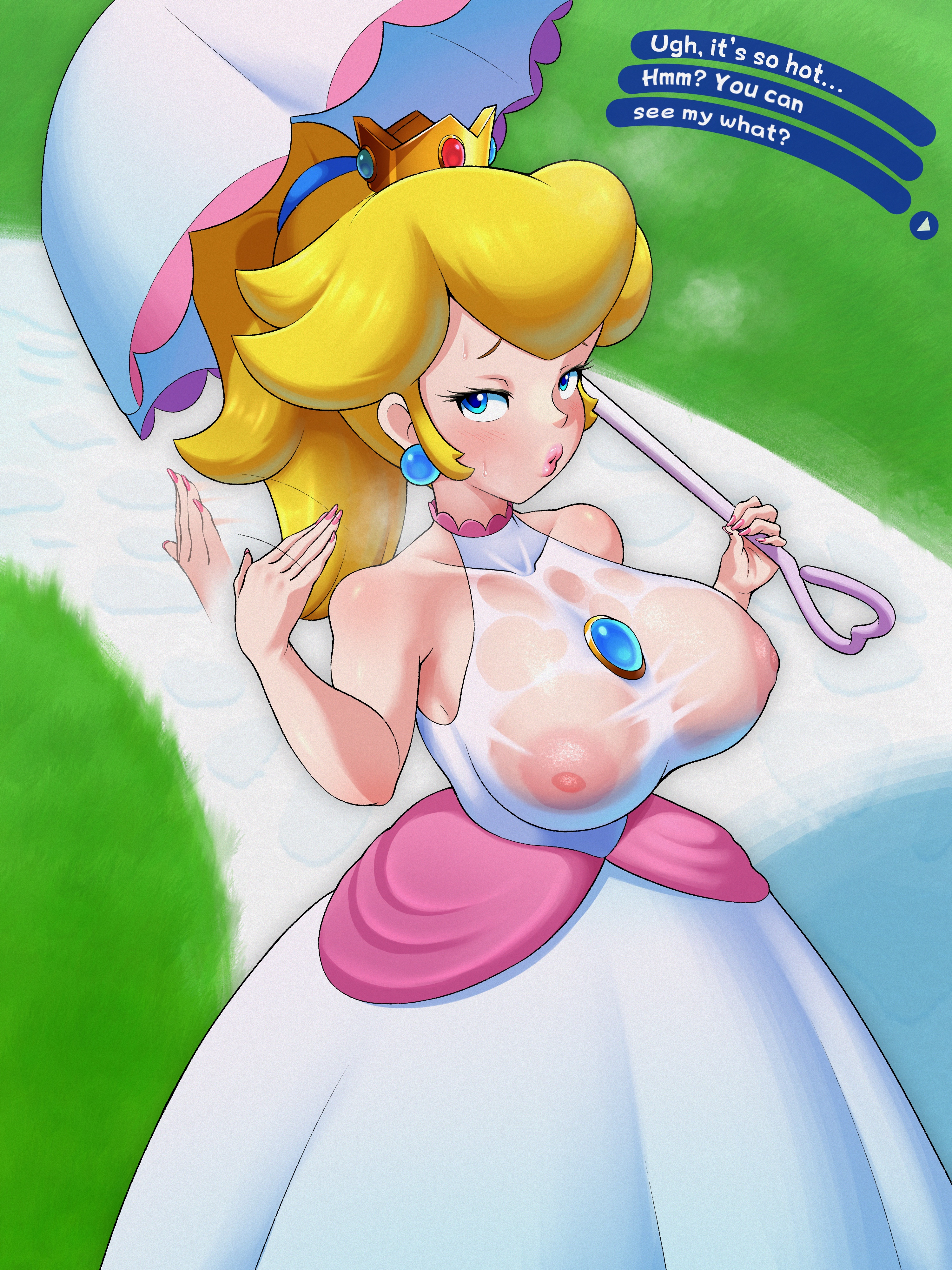 1girls, 2025, 2d, 2d (artwork), 2d artwork, big breasts, big thighs, blonde, blonde hair, blue eyes, breasts, busty, crown, dress, ear piercing, earrings, eyelashes, female, female only, huge breasts, large breasts, light-skinned female, lingerie, long hair, mario (series), nintendo, nipples, no bra, pink lips, pink lipstick, pink nail polish, pink nails, pony tail, ponytail, princess peach, seductive look, see-through, see-through clothes, see-through clothing, sexy, shiny body, shiny breasts, shiny hair, shiny skin, sleepiitreat, solo, solo female, solo focus, sunshy, super mario bros., teasing, yellow hair