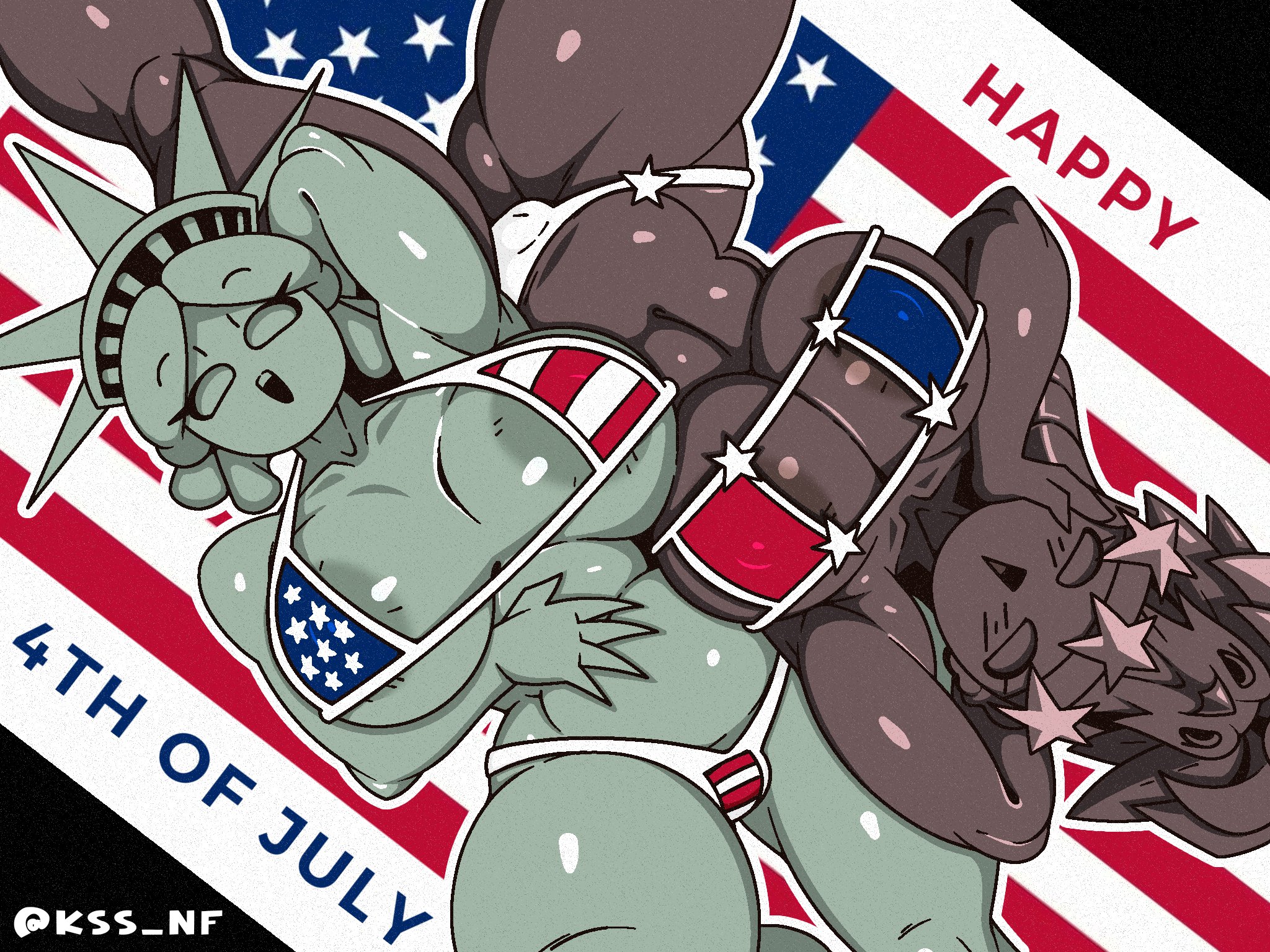 2girls, 4th of july, alternate version at source, american flag bikini, areola slip, big breasts, kss nf, nipple bulge, statue of freedom, statue of liberty