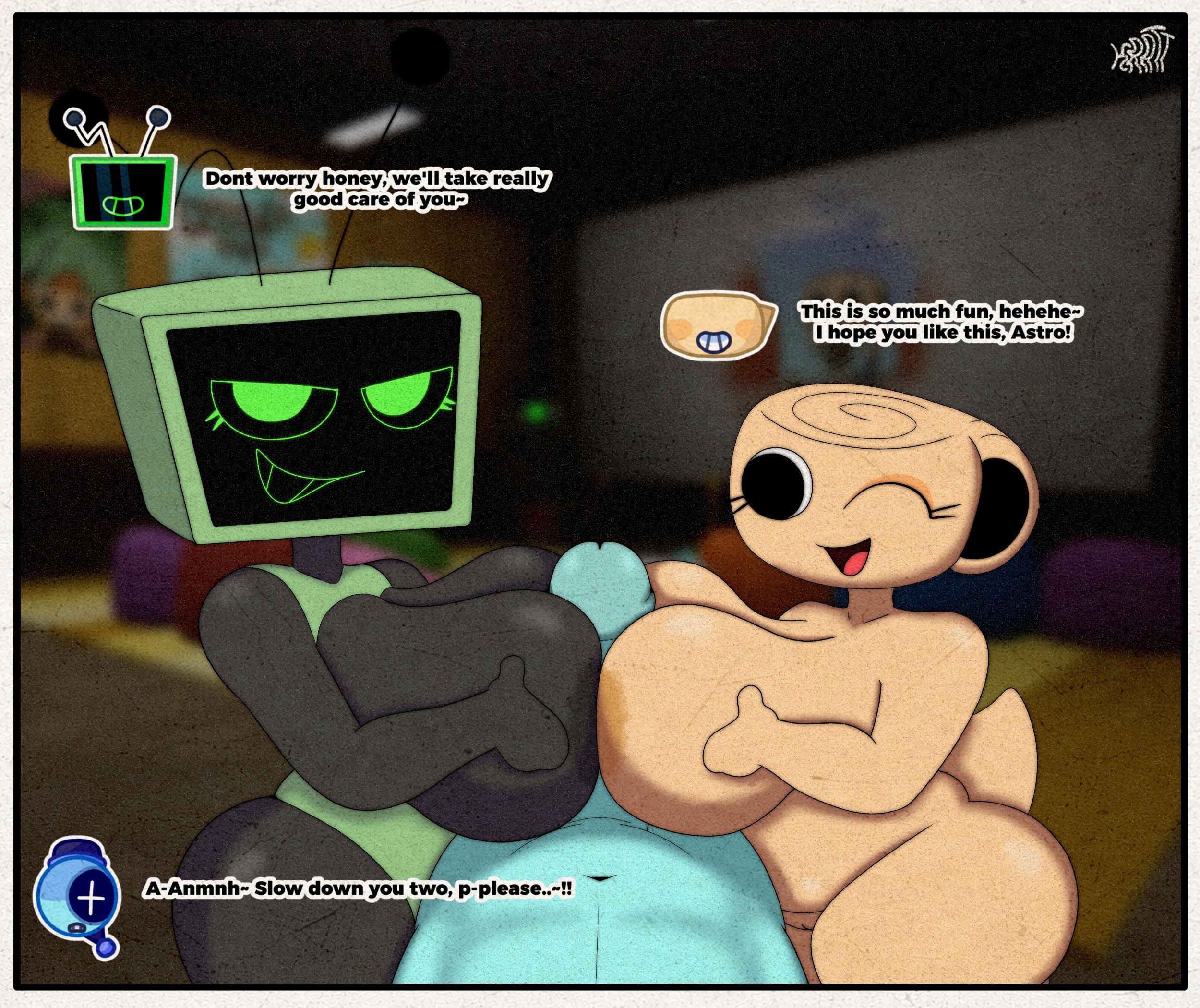 1boy, 2020s, 2026, 2girls, anthro, astro (dandy's world), bald, big breasts, blushcrunch studio, breasts, completely nude, completely nude female, dandy's world, dandys world, double paizuri, female, female focus, happy, innie pussy, krattgg, male, male pov, male/female, naked, naked female, nude, nude female, one eye closed, paizuri, penis, pov, pussy, roblox, robot, shelly (dandy's world), smile, smiling, smiling at partner, tagme, tail, tv head, vee (dandy's world)