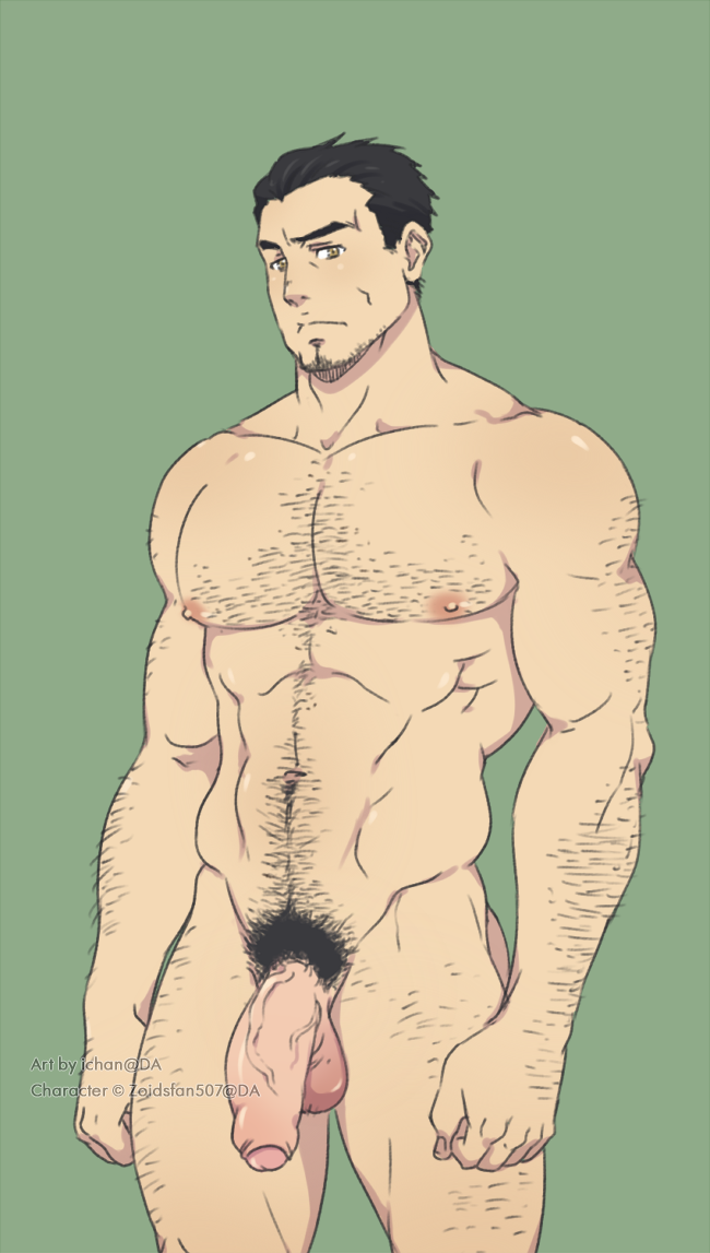 1boy abs amber_eyes balls bara big_balls black_hair body_hair chest_hair dilf facial_hair flaccid flaccid_penis foreskin green_background hairy hairy_arms hairy_chest hairy_legs hairy_male hairy_thighs human human_only ichan light-skinned_male light_skin looking_at_viewer male male_chest male_focus male_nipples male_only mature mature_male muscles muscular muscular_male nipples nude nude_male pecs pectorals penis pink_nipples pubic_hair simple_background sneedham solo solo_focus solo_male standing testicles thick_penis uncircumcised uncut veiny_penis wide_penis