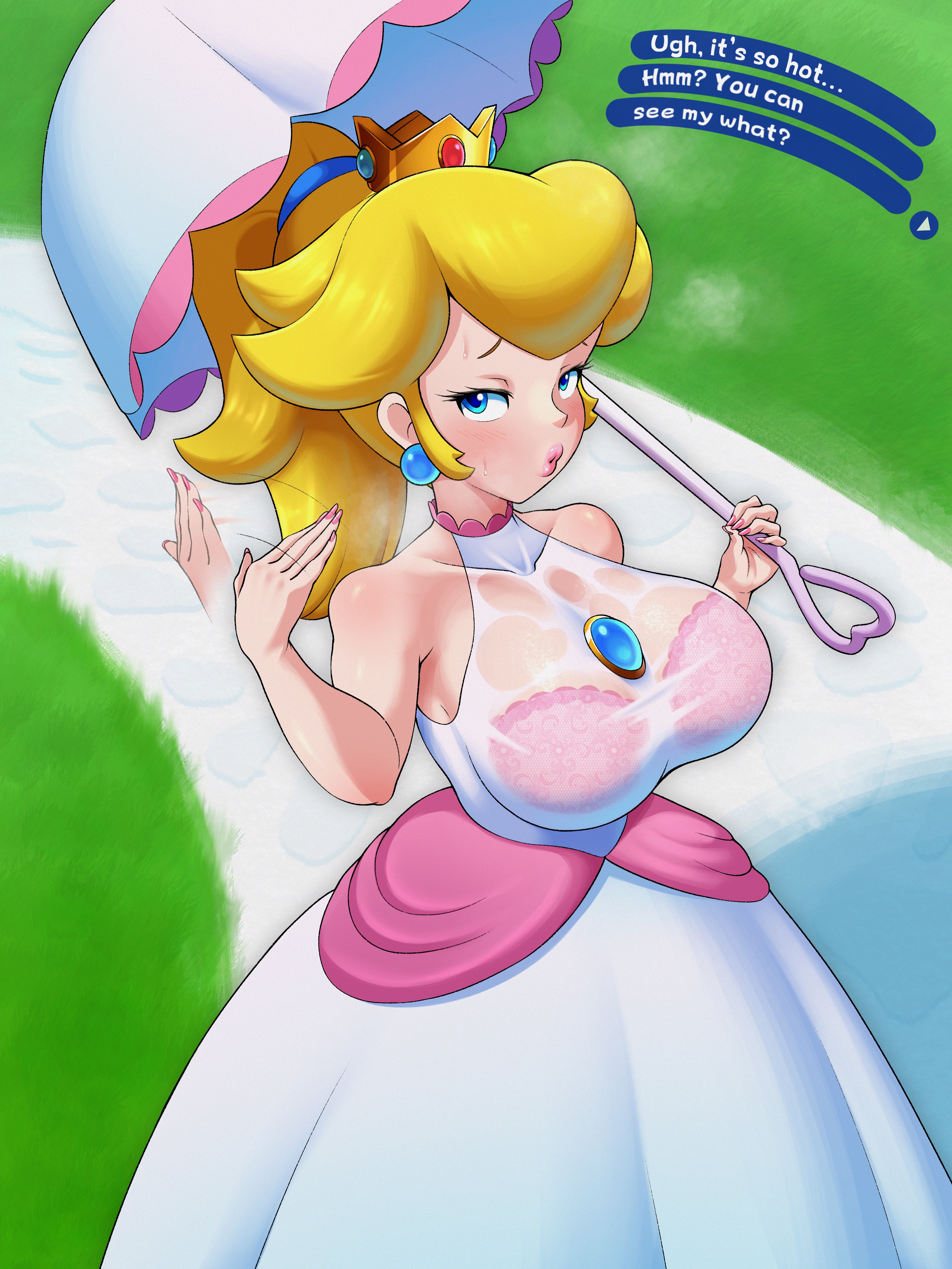 1girls, 2025, 2d, 2d (artwork), 2d artwork, big breasts, big thighs, blonde, blonde hair, blue eyes, bra, breasts, busty, crown, dress, ear piercing, earrings, eyelashes, female, female only, huge breasts, light-skinned female, lingerie, long hair, mario (series), nintendo, pink bra, pink lips, pink lipstick, pink nail polish, pink nails, plump lips, pony tail, ponytail, princess peach, see-through, see-through clothes, see-through clothing, shiny body, shiny breasts, shiny hair, shiny skin, sleepiitreat, solo, solo female, solo focus, super mario bros., super mario sunshine, yellow hair