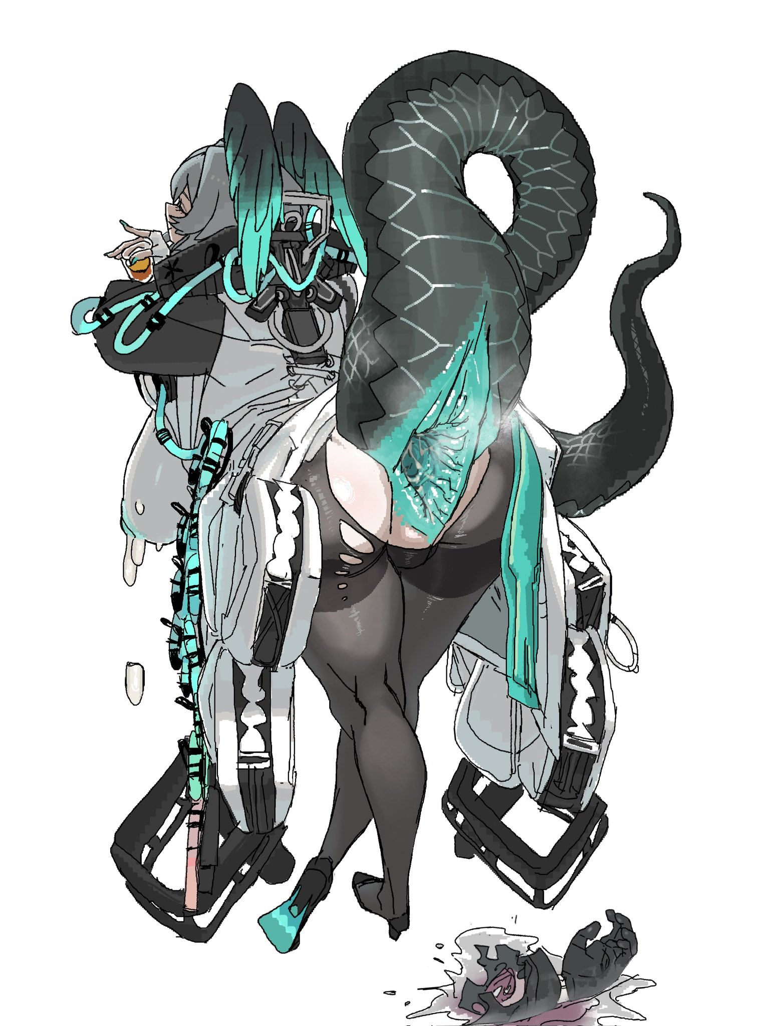 1girl, anal vore, anus, arknights, ass, cocktail glass, covered pussy, female, ho'olheyak (arknights), smirk, snake girl, tail, tailhole, torn pantyhose, victim alice, vore