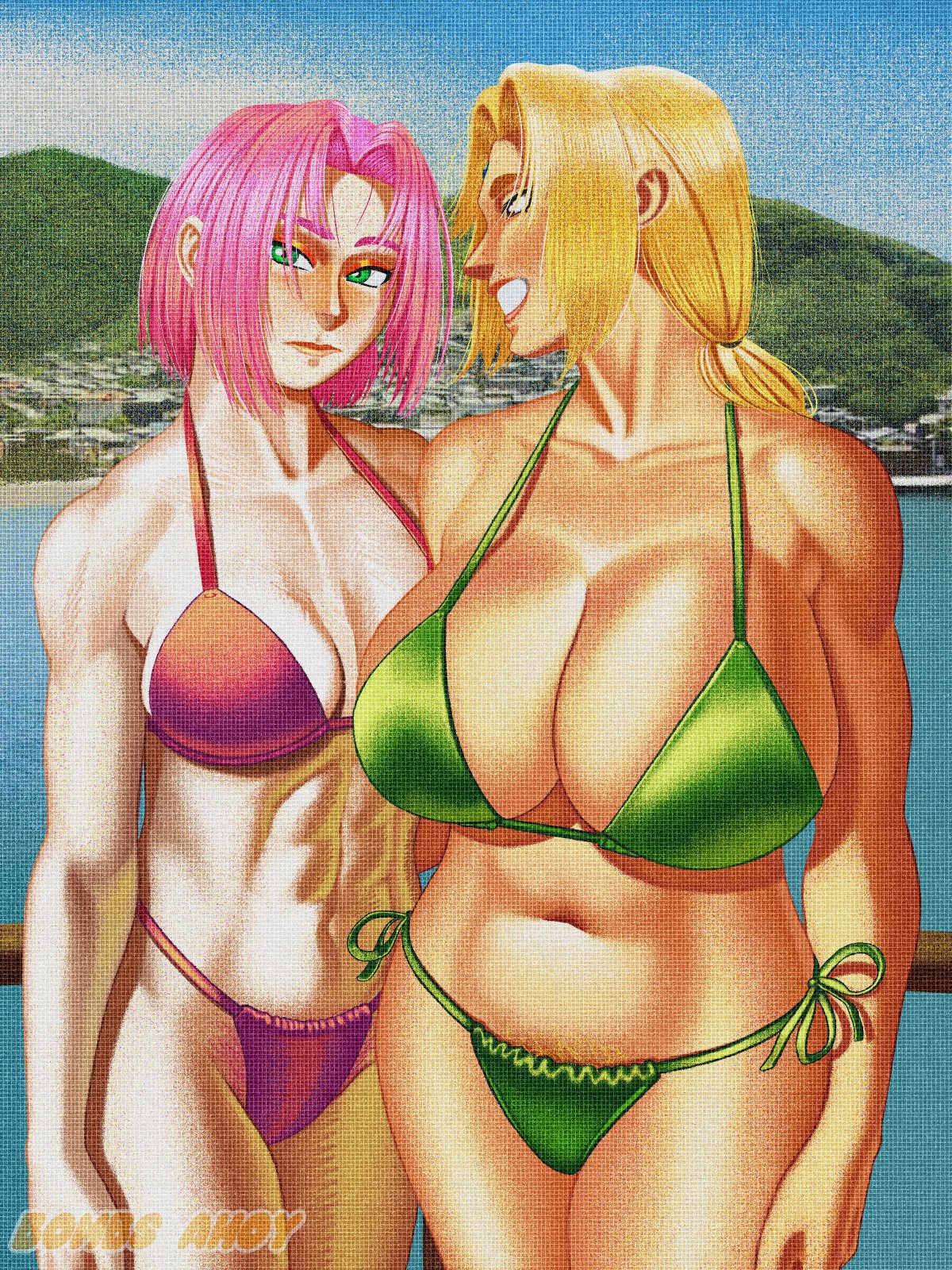 2girls, abs, age difference, bare shoulders, big breasts, bikini, blonde female, blonde hair, blush, blushing, bombsahoy, breast focus, breasts, breasts focus, busty, cleavage, curvaceous, curvy, curvy female, curvy figure, female, female focus, female only, green bikini, green eyes, hi res, high resolution, highres, huge breasts, large breasts, light skin, light-skinned male, mature, mature female, medium hair, meme, milf, mother daughter boob envy (meme), naruto, naruto (classic), naruto (series), naruto shippuden, outdoors, outside, pink bikini, pink hair, red bikini, reference, sakura haruno, short hair, shounen jump, smile, smiling, tagme, teacher and student, thick thighs, thighs, thong, thong bikini, toned, toned arms, toned body, toned female, tsunade, voluptuous, voluptuous female, water