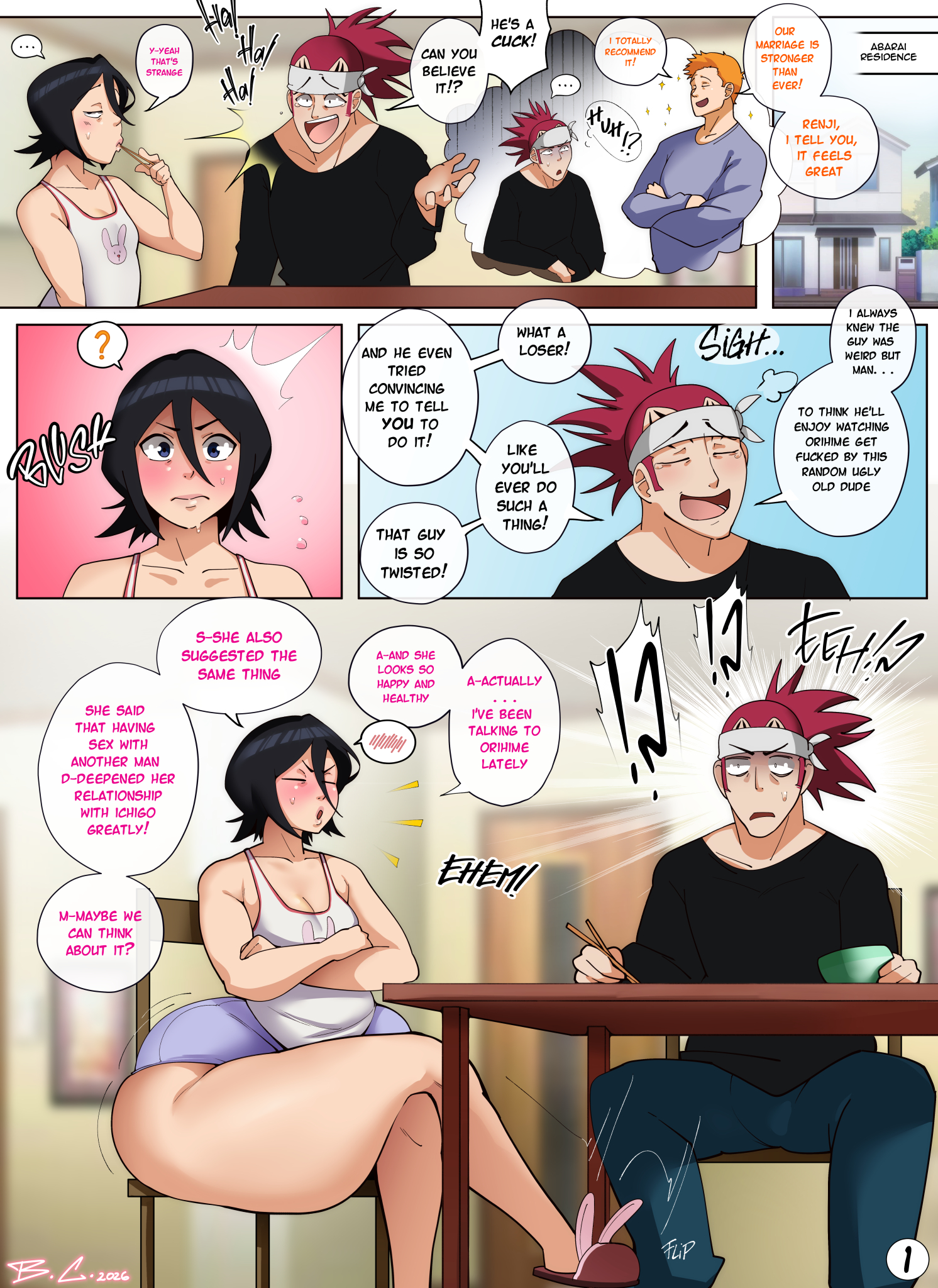 ass bigger than head, big ass, bittercream, black hair, bleach, blush, cuckold, female, imminent ntr, kuchiki rukia, kurosaki ichigo, male, multiple males, purple eyes, renji abarai, small breasts, thick thighs, thighs bigger than head