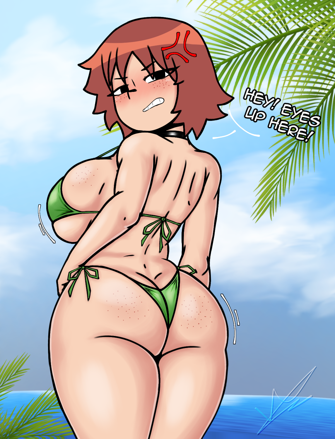 1girls, annoyed, annoyed expression, ass, ass focus, auburn hair, back view, big ass, big breasts, bikini, black eyes, caught staring, curvy female, dialogue, female, female focus, female only, freckles, freckles on ass, freckles on breasts, freckles on face, green bikini, kim pine, light-skinned female, looking back, max nzart, my eyes are up here, scott pilgrim, short hair, solo female, teeth, text, thick thighs, thighs, thong bikini, voluptuous, voluptuous female