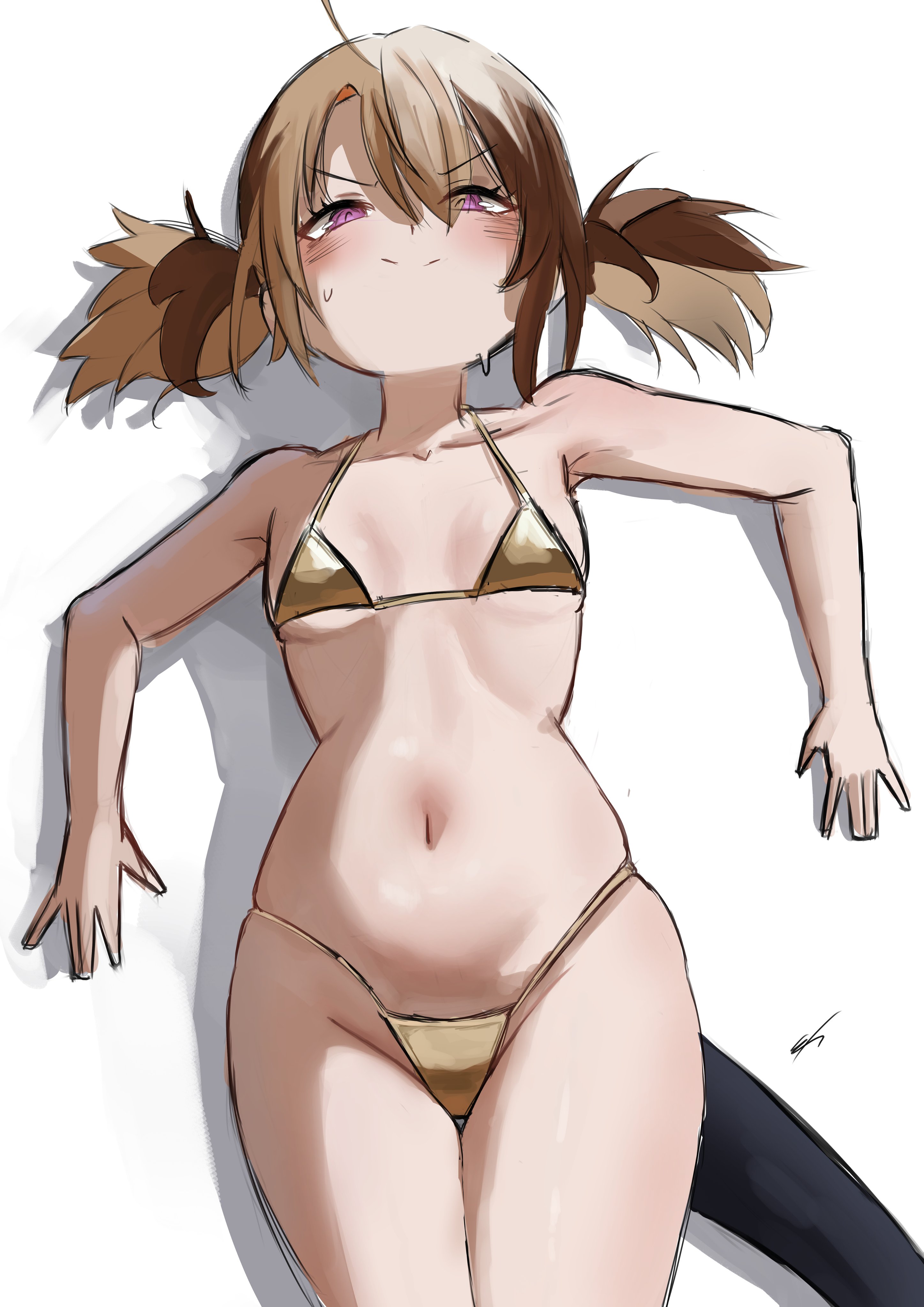 1girls, against wall, artist request, bikini, blonde hair, brown hair, child bearing hips, female, female only, gigi murin, gold bikini, golden bikini, half-closed eyes, hi res, hololive, hololive english, legs, looking at viewer, navel, purple eyes, sensual, sexy, small breasts, smile, solo, tail, thick thighs, thighs, thong bikini, twintails, two-tone hair, virtual youtuber, wide hips