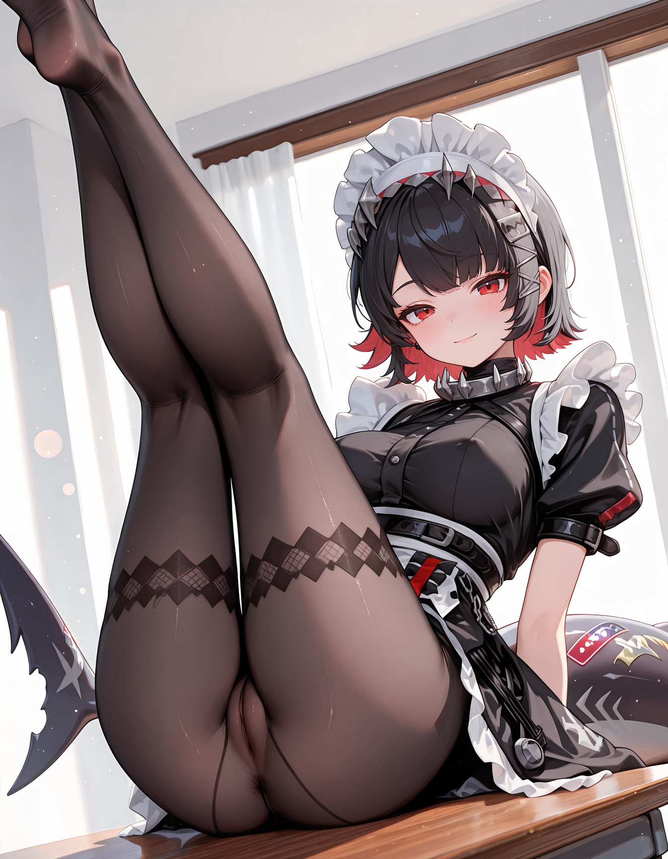 ai generated, ass, black hair, blush, ear piercing, ellen joe, fish tail, hair ornament, leaning back, legs up, looking at viewer, maid, maid headdress, maid uniform, medium breasts, milfhunter228, multicolored hair, on table, pantyhose, presenting pussy, pussy, red eyes, see-through pantyhose, shark girl, shark tail, short hair, sitting, smile, solo female, tail, x hair ornament, zenless zone zero