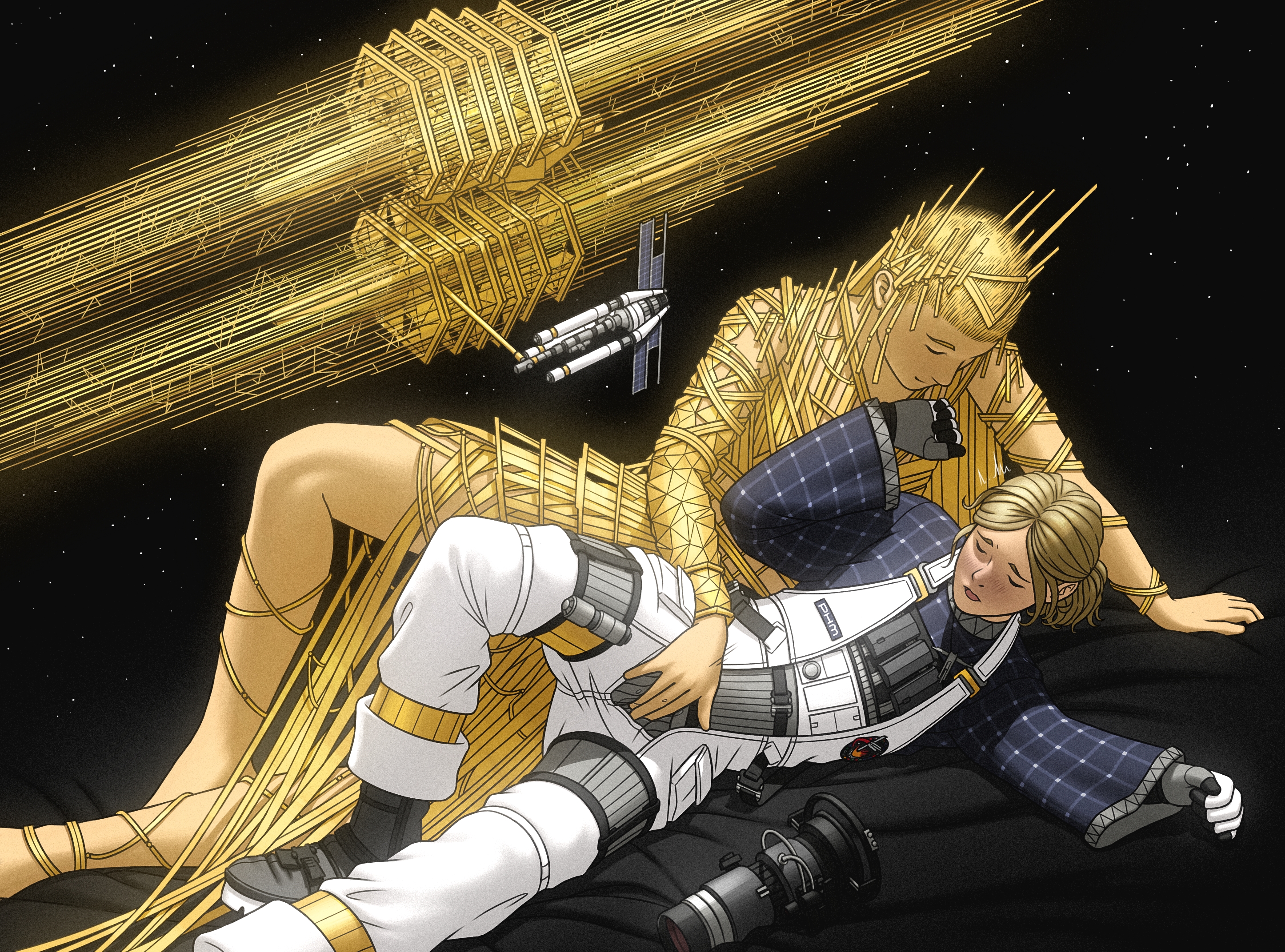 2girls, anklet, arm band, beige hair, blonde hair, boots, clothed, female, fingering, fingering partner, fingering pussy, fingering through clothes, flannel, flannel shirt, fully clothed, gijinka, gloves, gold hair, gold jewelry, golden hair, headgear, headwear, height difference, hi res, high resolution, highres, humanized, jewelry, knee up, legs apart, legs spread, lesbian, light brown hair, light skin, light-skinned female, looking at another, looking at partner, low ponytail, lunele, lying, lying down, lying on side, necklace, ornate clothing, overalls, ponytail, project hail mary, pussy juice, pussy juice drip through clothes, rubbing, rubbing pussy, rubbing pussy through clothing, self upload, short hair, size difference, space, spacecraft, spaceship, wristband, yuri
