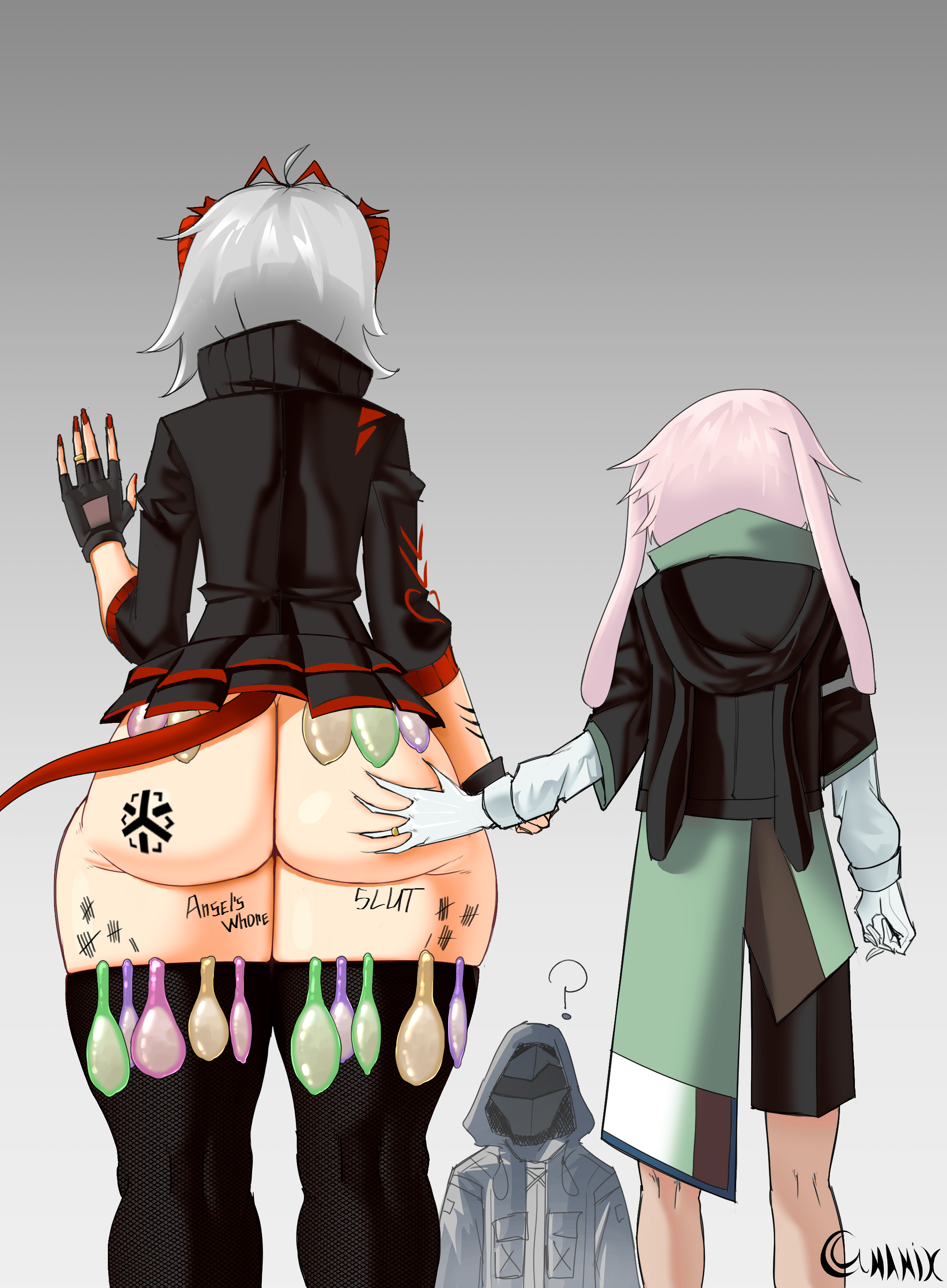 ?, 1girls, 2026, 2boys, after sex, ansel (arknights), arknights, ass, ass bigger than head, ass focus, ass grab, bigger female, body writing, bottom heavy, butt, butt focus, butt grab, condom, condom accessories, condom balloon, doctor (arknights), female, femsub, filled condom, filled condoms, from behind, fully clothed, grabbing, grabbing ass, grabbing from behind, grope, groping, groping ass, groping butt, groping from behind, height difference, horns, miniskirt, multiple condoms, no panties, ntr, pink hair, rabbit ears, red nails, round butt, short hair, short skirt, silver hair, simple background, stockings, tagme, tagme (artist), tail, tally marks, tattoo, tattoo on butt, thick, thick ass, thick thighs, unaware, w (arknights), waving, wide hips, wide thighs, younger male