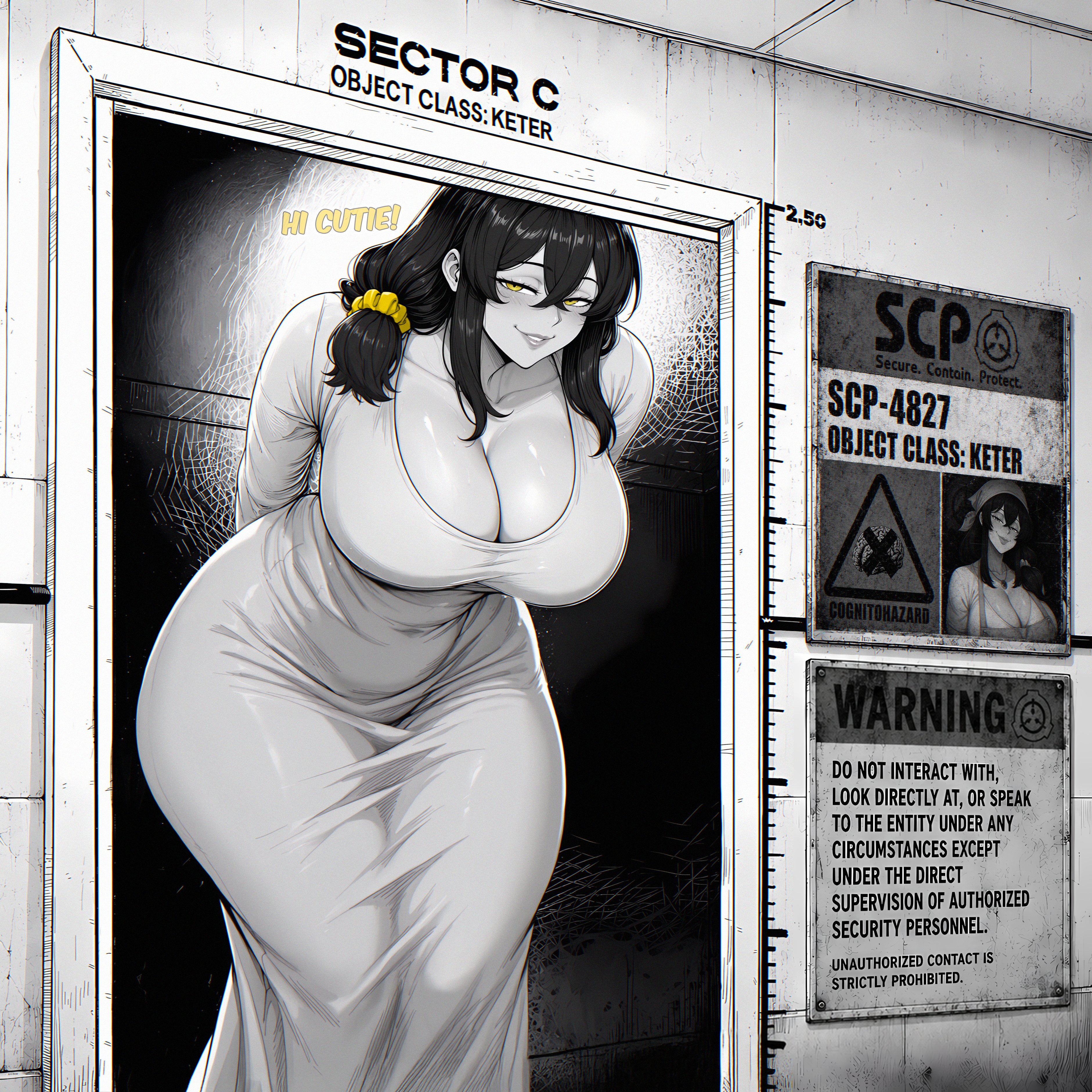 1girls, 2026, ai generated, arms behind back, big breasts, black hair, blushing, child bearing hips, cleavage, dialogue, dress, el memc, female, female only, horny, horny female, huge breasts, imminent sex, memch0, milf, mommy, mother, oc, original, original character, scp foundation, soledad (memch0), text, thick thighs, thunder thighs, tight clothing, tight dress, yellow eyes