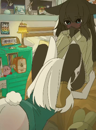 animated, animated gif, anthro, anthro on anthro, bed, bent over, black body, black fur, blue eyes, blush, body blush, bottomless, bugs bunny, butt, butt blush, clothed, clothing, clothing around one leg, cunnilingus, detailed background, doremifaso64, duo, female, female/female, flexible, footwear, fur, furniture, gif, hair, head between legs, inside, kirby, kirby (series), lagomorph, legs up, looney tunes, mammal, nintendo, on bed, oral, panties, panties around one leg, panties down, partially clothed, pose, rabbit ears, sex, shirt, shirt only, socks, tail, topwear, topwear only, underwear, underwear around one leg, underwear down, uwu, vaginal, warner brothers, white body, white fur, white hair, yuri