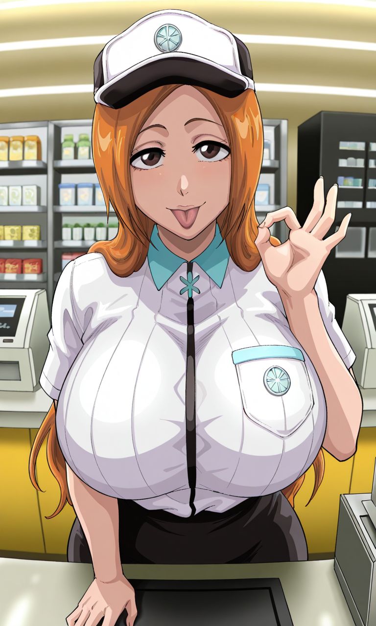 1girls, ai generated, big boobs, big breasts, bleach, bleach: the thousand-year blood war, brown eyes, curvy, curvy body, curvy female, curvy figure, fellatio gesture, female, female only, huge breasts, inoue orihime, kyoru189, large breasts, light skin, light-skinned female, looking at viewer, mature female, ok sign, orange hair, shiny, shiny skin, solo, solo female, tongue, tongue out