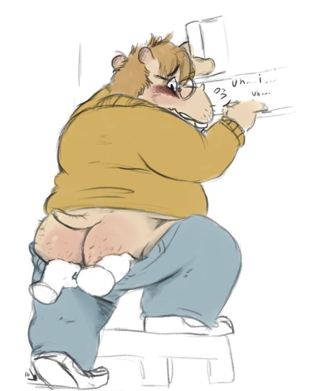 anthro ass blush book bookshelf butt_blush dialogue disembodied_hand duo embarrassed english_text eyewear flying_sweatdrops glasses hippopotamus male male_only mammal no_underwear overweight pants_pull pantsing rear_view rohly solo solo_focus step_pose sweat sweatdrop text