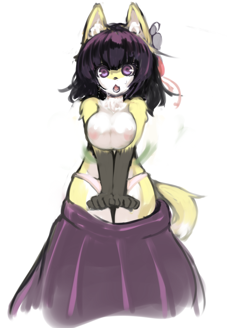 anthro big_breasts breasts canine clothing female flower fox hair hieda_no_akyuu mammal nipples open_mouth plant post_transformation purple_eyes shocked skirt solo surprised sweat sweatdrop toribako touhou underwear