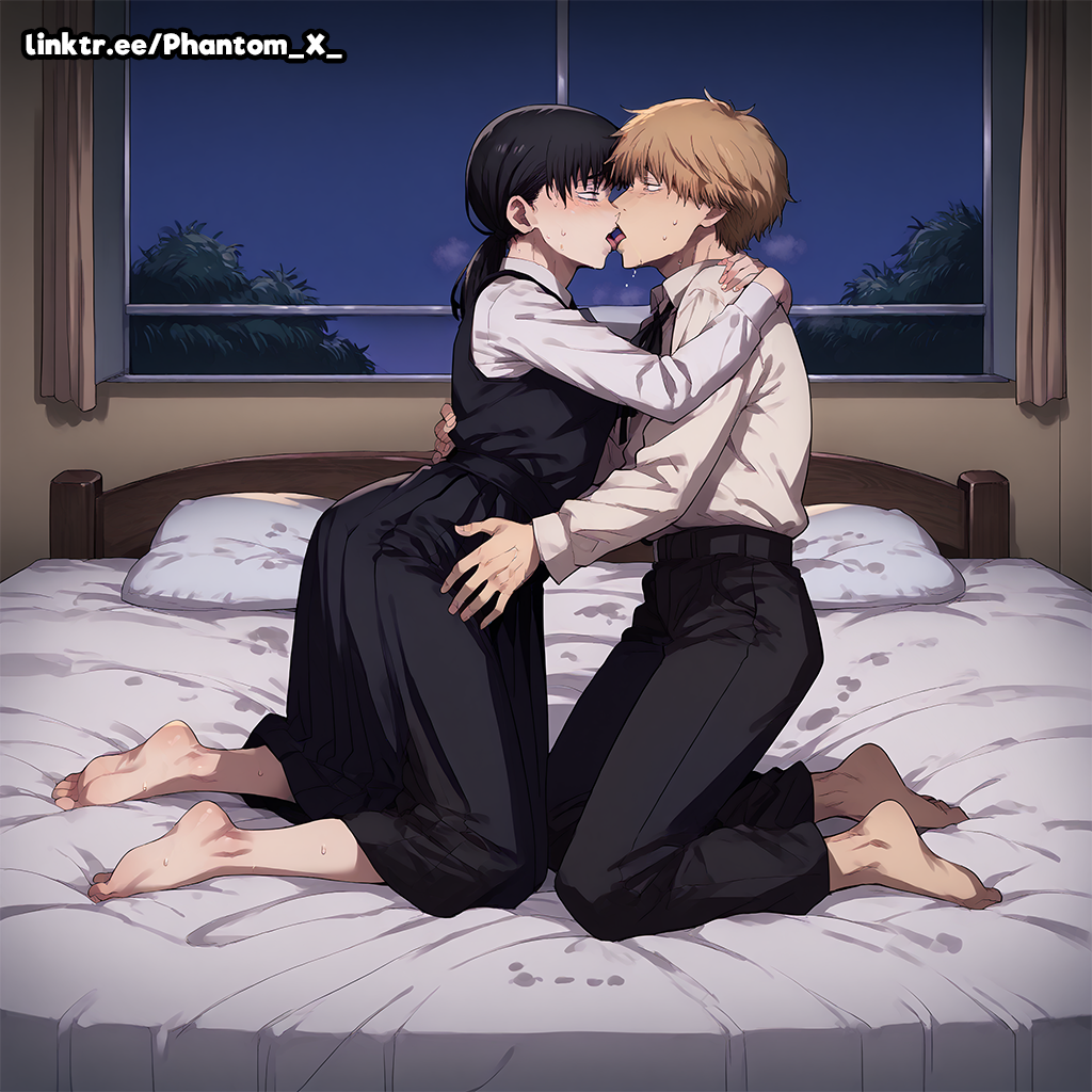 1boy 1girls ai_generated bedroom black_hair blonde_hair blush chainsaw_man clothed clothing denji_(chainsaw_man) female from_side hug kissing male mitaka_asa on_bed open_mouth phantom-art ponytail school_uniform schoolgirl short_hair tongue