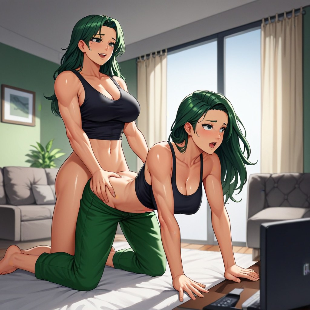 ai generated, doggy style, female, from behind, from behind position, futa on female, futa penetrating, futanari, green hair, intersex, sex, sports bra
