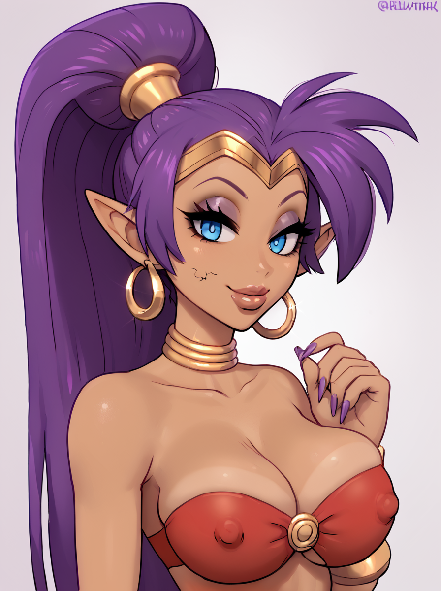 1girls ai_generated big_breasts bimbo bimboports(ai) blue_eyes eyeshadow fellatrix_(style) female female_only hoop_earrings jewelry long_fingernails long_hair nail_polish nipples_visible_through_clothing pointy_ears purple_hair purple_nails seductive shantae shantae_(character) solo stray_pubic_hair thick_lips