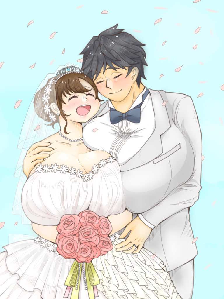 1boy 1girls artist_request big_breasts blush blushing_female blushing_male bouquet breasts_bigger_than_head bride bride_and_groom busty busty_boy cleavage female groom husband_and_wife male male_breasts male_tits male_with_breasts marriage marriage_couple necklace pearls source_request wedding wedding_dress wedding_suit wedding_tiara wedding_veil