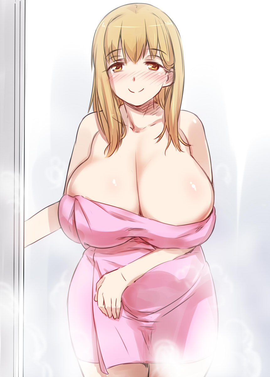 10s 1girls 774_(nanashi) blonde_hair blush breasts cleavage collarbone cowboy_shot curvy female female_only gradient_background hi_res huge_breasts indoors long_hair looking_at_viewer naked_towel open_door orange_eyes pink_towel smile solo solo_female source_request standing steam sunohara_ayaka sunoharasou_no_kanrinin-san tareme towel