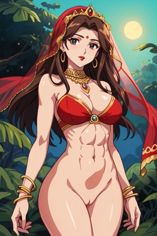 abs ai_generated anime_style bangle black_eyes blouse bottomless bottomless_female brown_hair cleavage female female_only forest gold_jewelry hairless_pussy headwear indian indian_clothes indian_female jewelry jungle light-skinned_female light_skin moon navel necklace night pussy red_clothes red_clothing red_lips red_lipstick saree sari smile smiling solo solo_female thighs toned toned_female veil