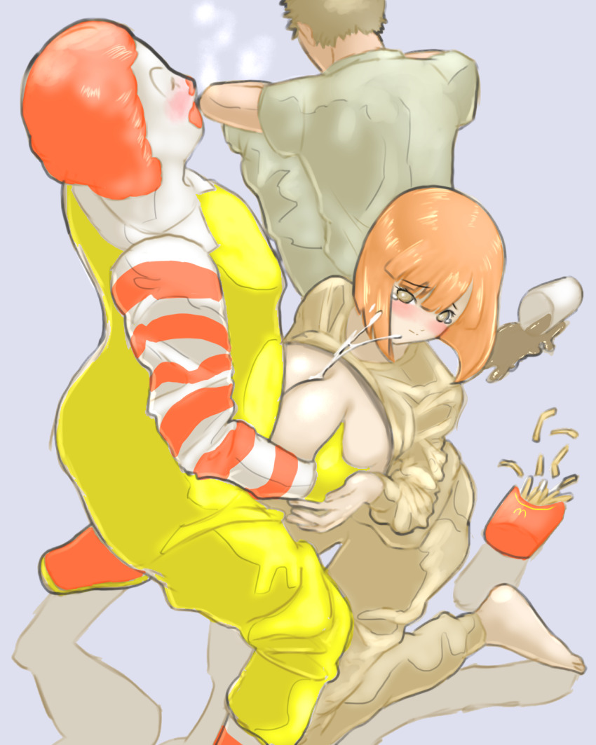 1girls 2boys big_breasts cheating cheating_wife coca-cola cuckold dad_(japanese_mcdonald's_commercial) light-skinned_female light-skinned_male light_skin mcdonald's milf mom_(japanese_mcdonald's_commercial) orange_hair red_hair ronald_mcdonald short_hair yoru_mac