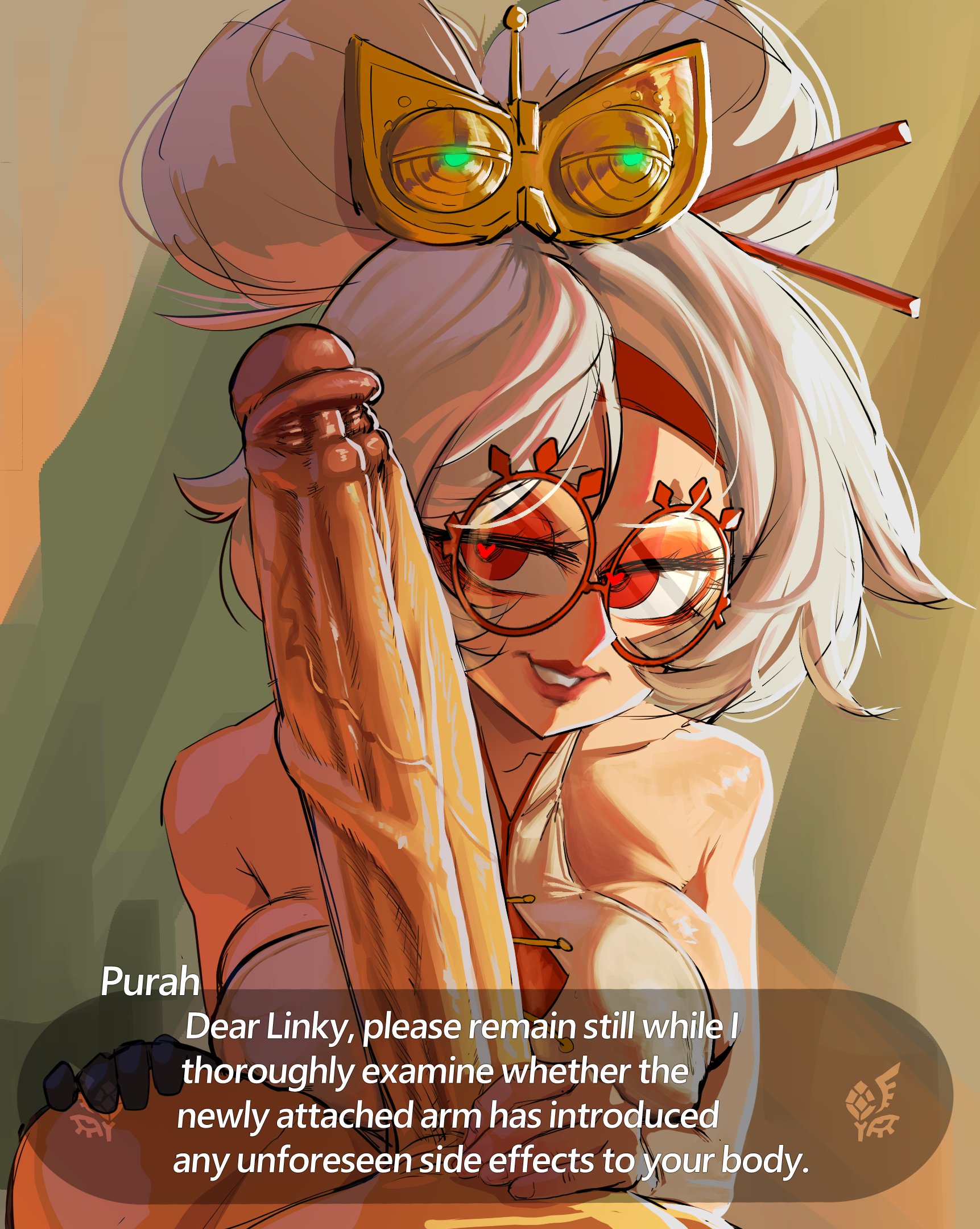 1boy, 1girls, 2d, breasts, clothed, clothing, color, dialogue, draw this in your style, english text, erection, eyeshadow, eyewear, female, glasses, hair ornament, hairpin, heart-shaped pupils, hi res, holding penis, horny, huge cock, large penis, light skin, light-skinned female, light-skinned male, link, link (tears of the kingdom), looking at penis, lord moku, makeup, male, nintendo, nipple bulge, partial male, penis, purah, purah (tears of the kingdom), red eyes, round glasses, straight, tears of the kingdom, text, the legend of zelda, tied hair, veiny penis, white hair