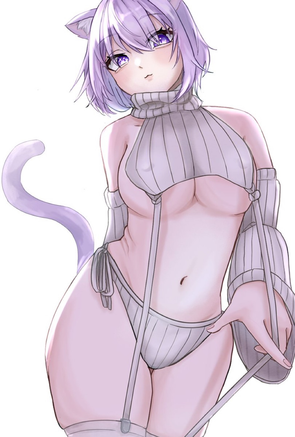 :3 alternate_costume animal_ear_fluff animal_ears bare_shoulders blush breasts cat_ears cat_girl cat_tail covered_nipples cropped_sweater detached_sleeves female garter_straps getsuya hair_between_eyes highres hololive large_breasts looking_at_viewer meme_attire navel nekomata_okayu panties purple_eyes purple_hair ribbed_panties ribbed_sleeves ribbed_sweater ribbed_thighhighs short_hair side-tie_panties simple_background sleeveless sleeveless_sweater sleeveless_turtleneck smile solo sweater tail thighhighs thighs turtleneck turtleneck_sweater underwear virgin_destroyer_sweater virtual_youtuber white_background white_garter_straps white_sweater