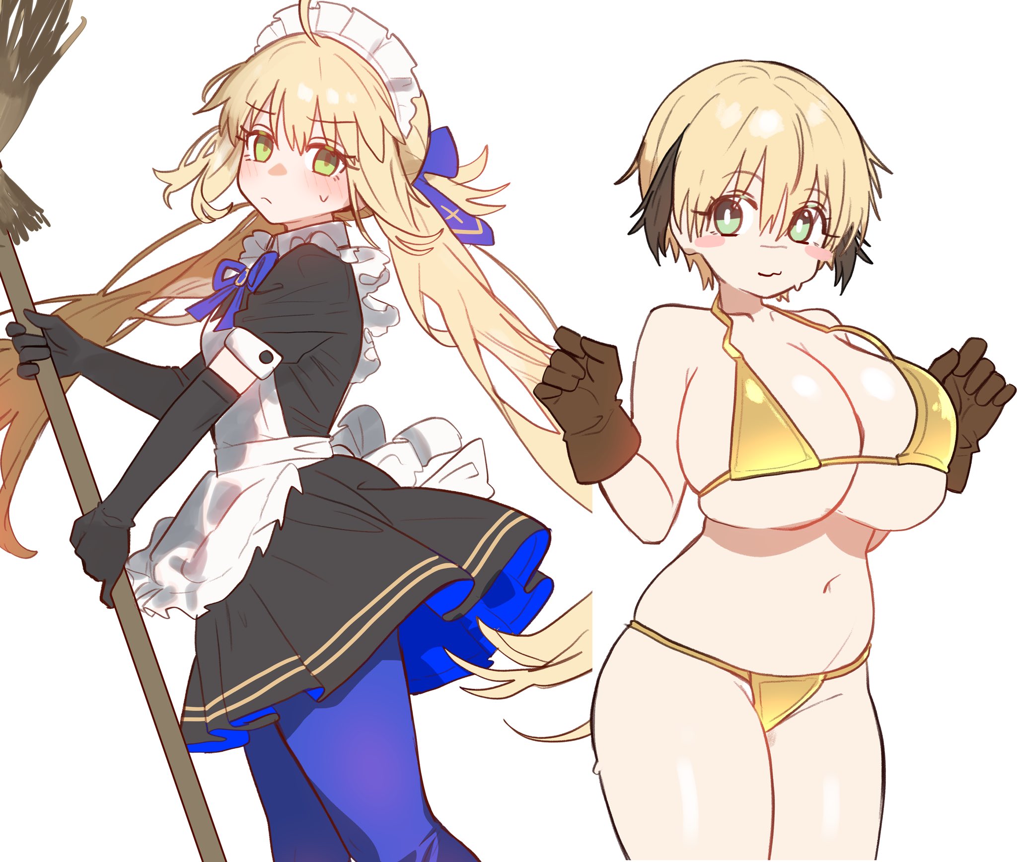 :3, 2girls, artoria pendragon, artoria pendragon (caster), bikini, blonde hair, blush, breast size difference, breasts, ebora, embarrassed, fate (series), fate/grand order, female, gareth (fate), gloves, gold bikini, green eyes, huge breasts, large breasts, long hair, maid, maid headdress, maid outfit, short hair, small breasts, swimsuit, thick thighs, twintails, wide hips, youngmanisdown