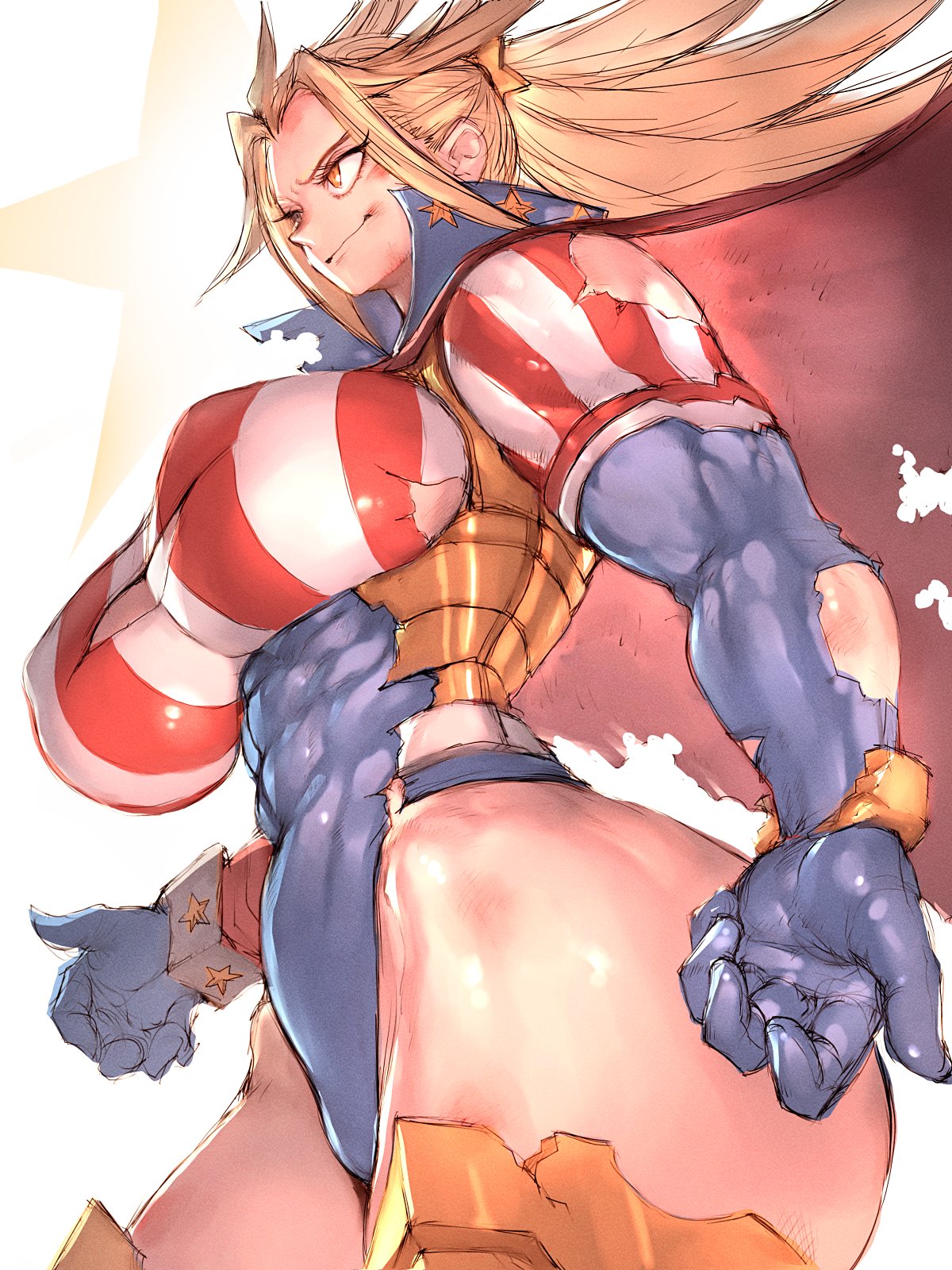 1girls, abs, ass, athletic, athletic female, breasts, cathleen bate, female, female human, female only, fit, fit female, fumio (rsqkr), hero outfit (mha), human, large breasts, mature female, muscular, muscular female, my hero academia, slim waist, solo, star and stripe (my hero academia), superhero costume, superheroine, thick thighs, thighs, torn clothes, white background, wide hips