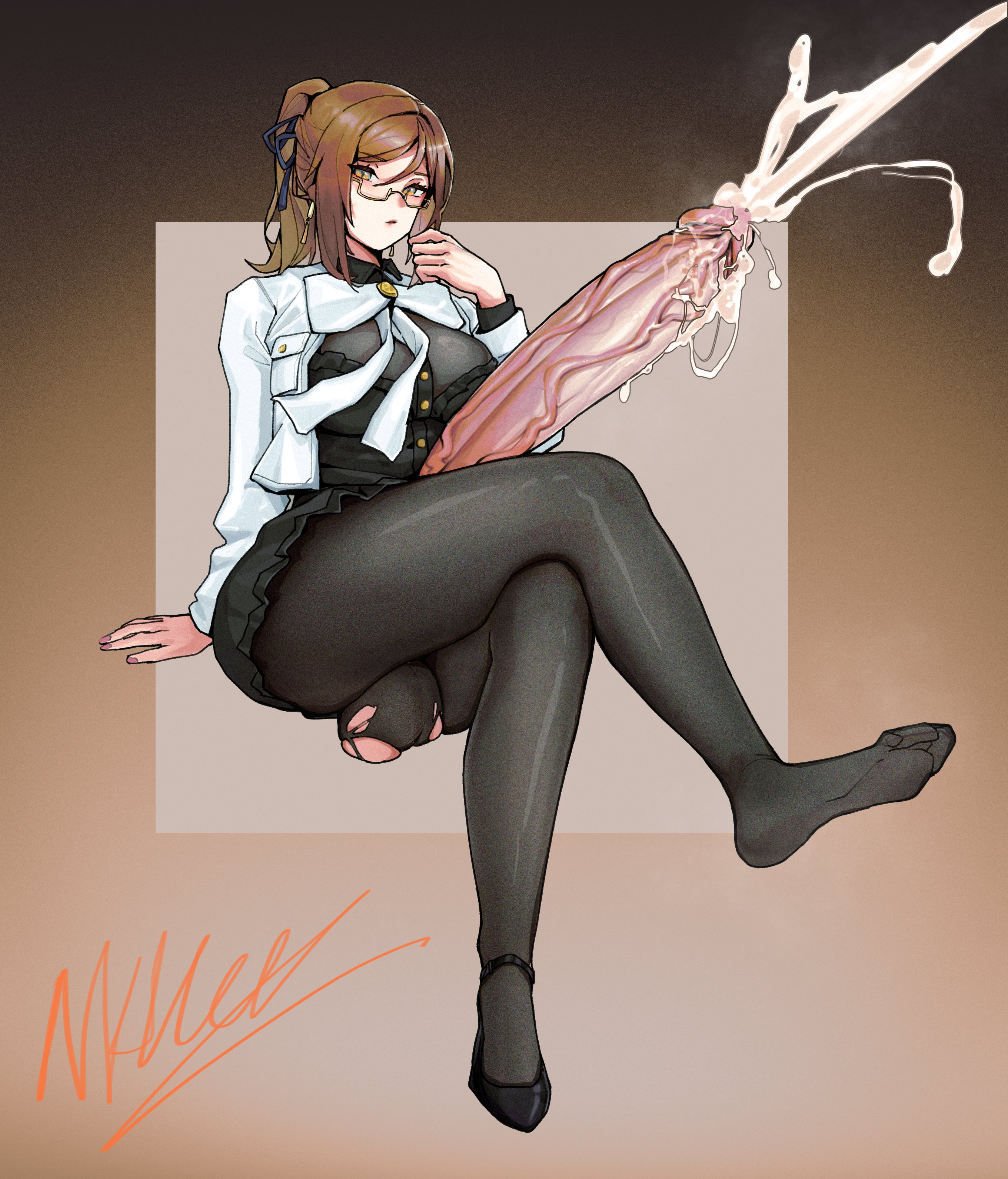 1futa, 2024, balls, big penis, breasts, brown hair, clothed, clothing, congopostvi, crossed legs, crossing legs, cum, cumming, ejaculation, emotionless, erect penis, erection, futa only, futanari, glasses, hands-free, handsfree ejaculation, hard on, heels, high heels, huge cock, human, hung, hung futa, intersex, large penis, leggings, legs crossed, light skin, light-skinned futa, long hair, long penis, massive penis, mostly clothed, penis, penis out, projectile cum, sitting, solo, torn clothes, veiny penis