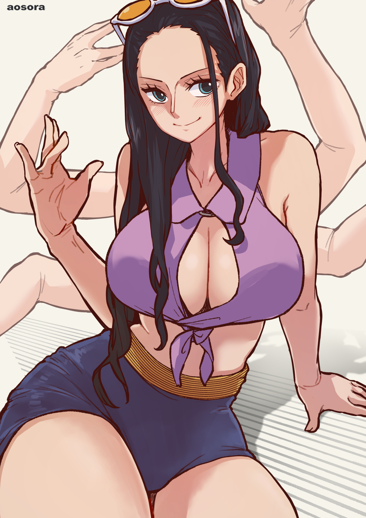 1girls, akuma no mi, aosora, artist name, black hair, black-haired female, blue eyes, blue shorts, breasts, center opening, cleavage, closed mouth, eyewear on head, female, female only, hana hana no mi, highres, large breasts, long hair, nico robin, one piece, orange-tinted eyewear, post-timeskip, shirt, short shorts, shorts, smile, solo, sunglasses, tied shirt, tinted eyewear