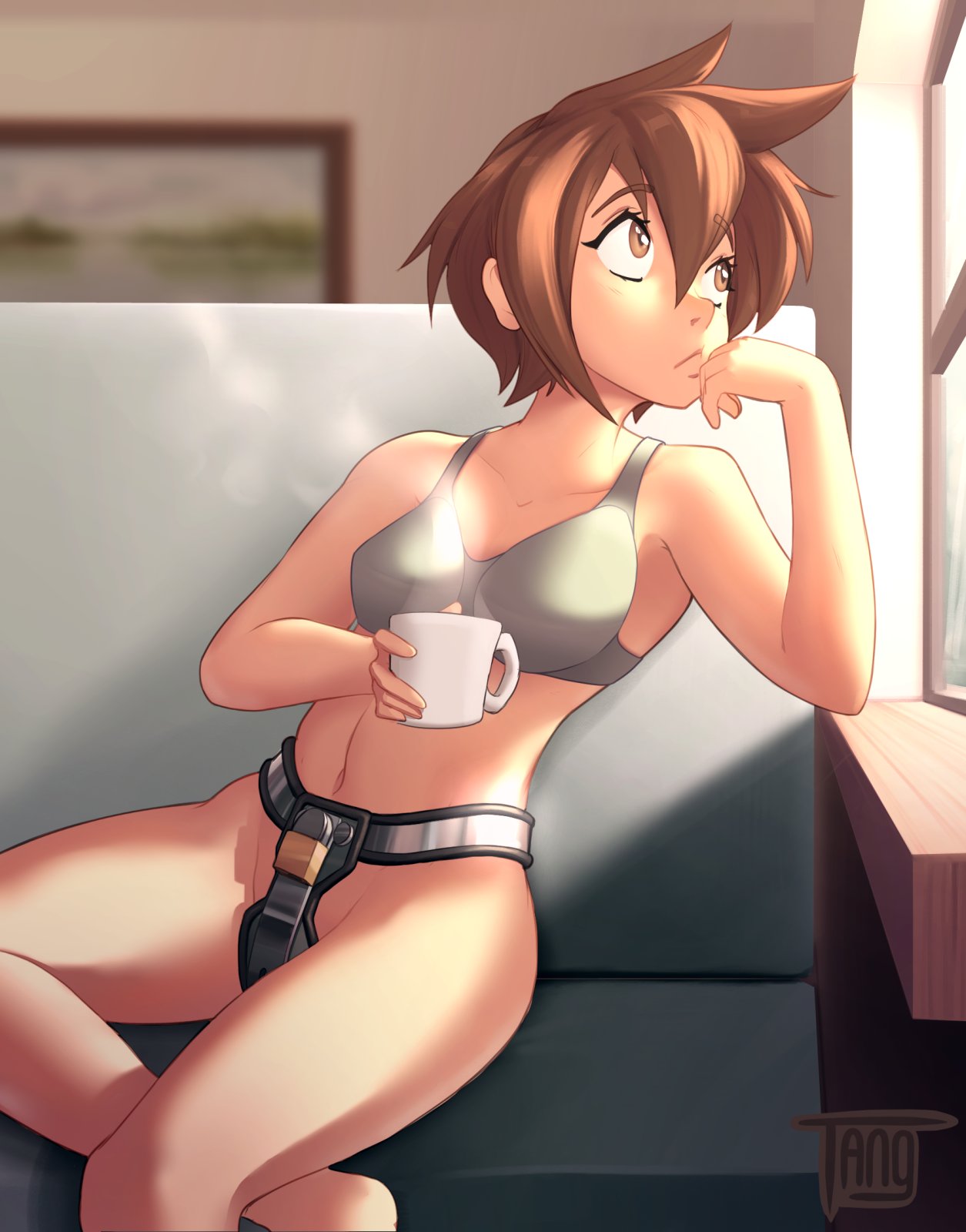 1girls bottomless bottomless_female bra brown_eyes brown_hair casual casual_nudity chastity chastity_belt chastity_device couch cup eyebrows eyebrows_visible_through_hair eyes_wide_open female female_chastity female_focus female_only hair hand_on_chin hand_on_head leaning leaning_on_elbow looking_away looking_up original_character padlock painting_(object) short_hair sofa solo solo_female steam tang thinking window