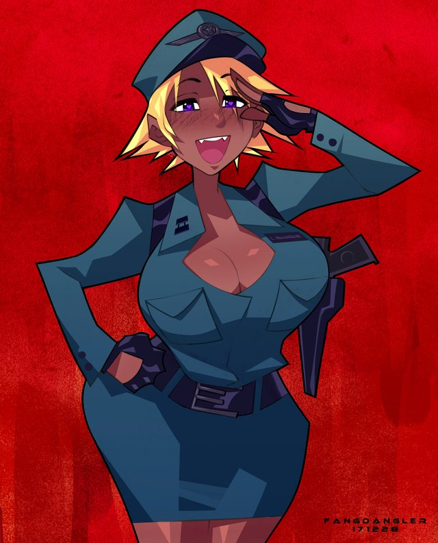 blonde_hair blush breasts brown_body brown_skin character_request cleavage dark-skinned_female fangdangler female female_focus female_only gloves heart-shaped_pupils original original_character purple_eyes red_background salute short_hair