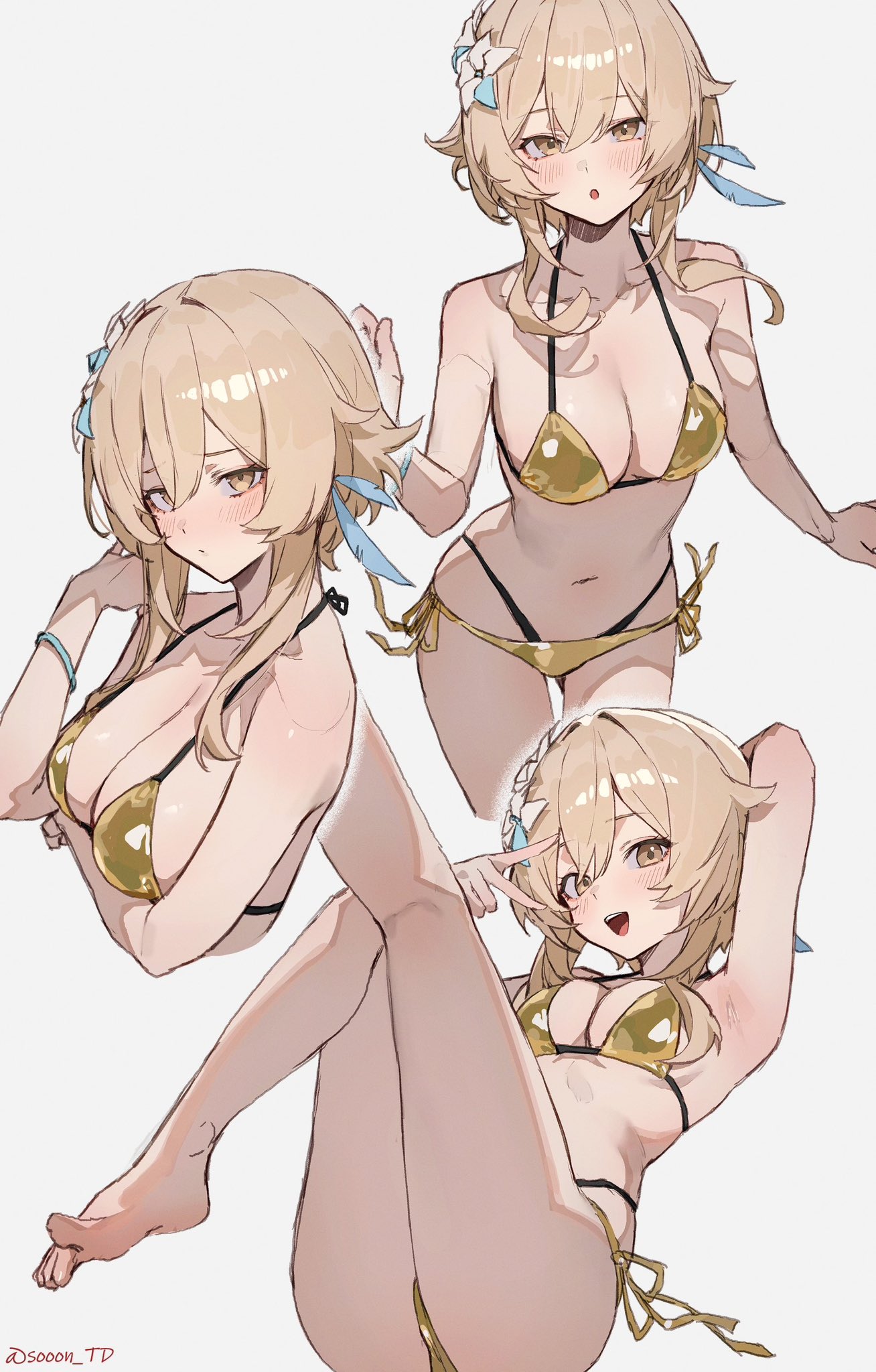 :o, arm behind head, armpit, arms at sides, bikini, blush, breasts, feet up, female, female only, genshin impact, gold bikini, hand on head, looking at viewer, lumine (genshin impact), medium breasts, multiple views, on back, one arm up, signature, simple background, smile, v, white background