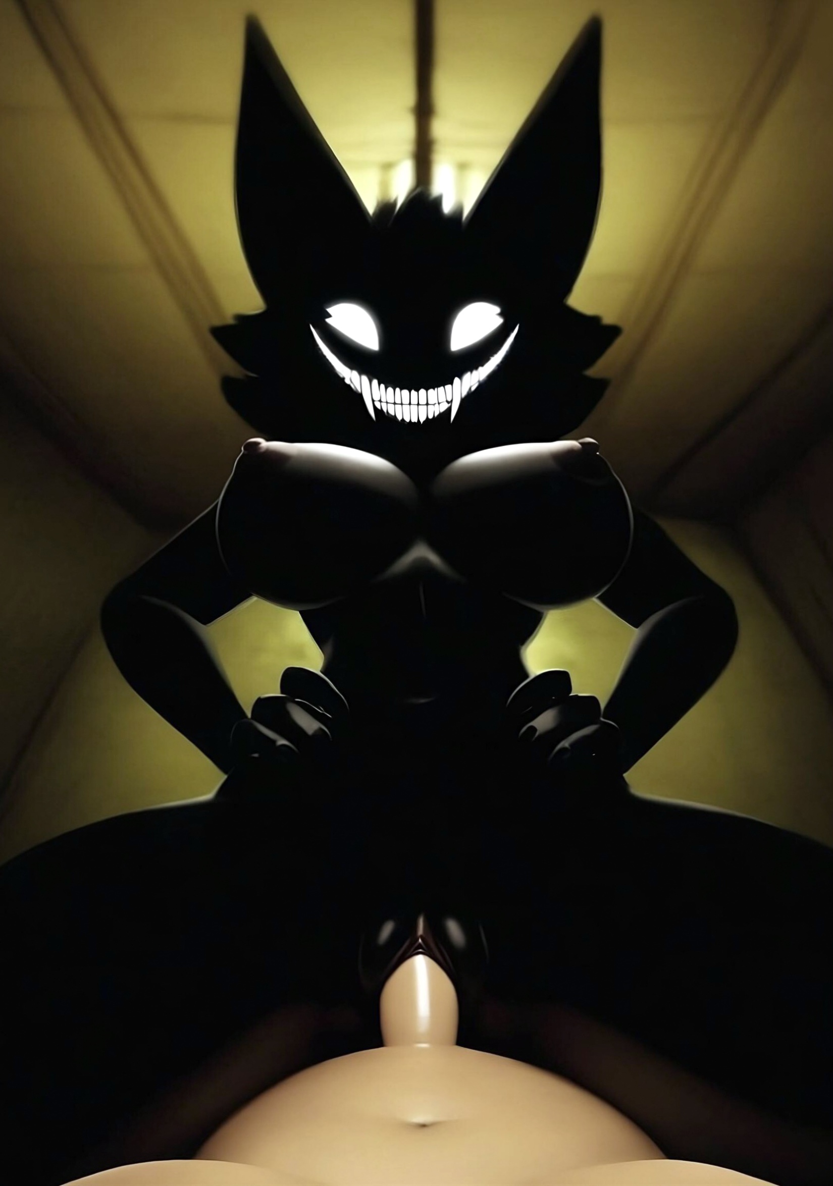 ai generated, anthro, breasts, cowgirl position, duo, fangs, female, from front position, hi res, human, human on anthro, interspecies, karelia (acerattman), male, male/female, mammal, nightmare fuel, on bottom, on top, penetration, pussy, roguecolonel303, sex, silhouette, smile, smiler (the backrooms), the backrooms, vaginal penetration
