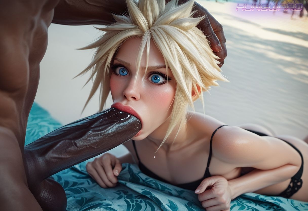 ai generated, beach, bikini, blowjob, cloud strife, dark skin, dark-skinned male, femboy, final fantasy, male