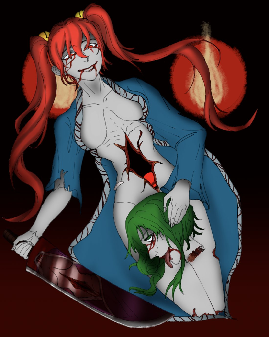 2girls akari_oborodzuka amputee bell black_background blood blood_from_eyes blood_from_mouth bloody_tears blue_kimono breasts covering_pussy decapitation disembowelment female female/female flames green_eyes green_hair grey_skin grey_skinned_female gumi guro hair_bell hair_ornament hatsune_miku headless headless_female holding holding_head holding_severed_head holding_weapon horror horror_(theme) injury japanese_clothes kimono legless legless_amputee long_hair maggot masa_works_design matching_hair/eyes multiple_girls mv_character nails naked_kimono no_nipples noahgugugu nude oni_to_kitsune_no_hanashi onigumo_to_kitsune_no_shishi_to_(vocaloid) open_clothes open_kimono partially_nude pussy_covered red_background red_eyes red_hair reflection rolling_eyes ryou_shishikusa sanpaku severed_head short_hair_with_long_locks simple_background smile tongue tongue_out torn_clothes twintails twitter_link vocaloid weapon zombie zombie_girl