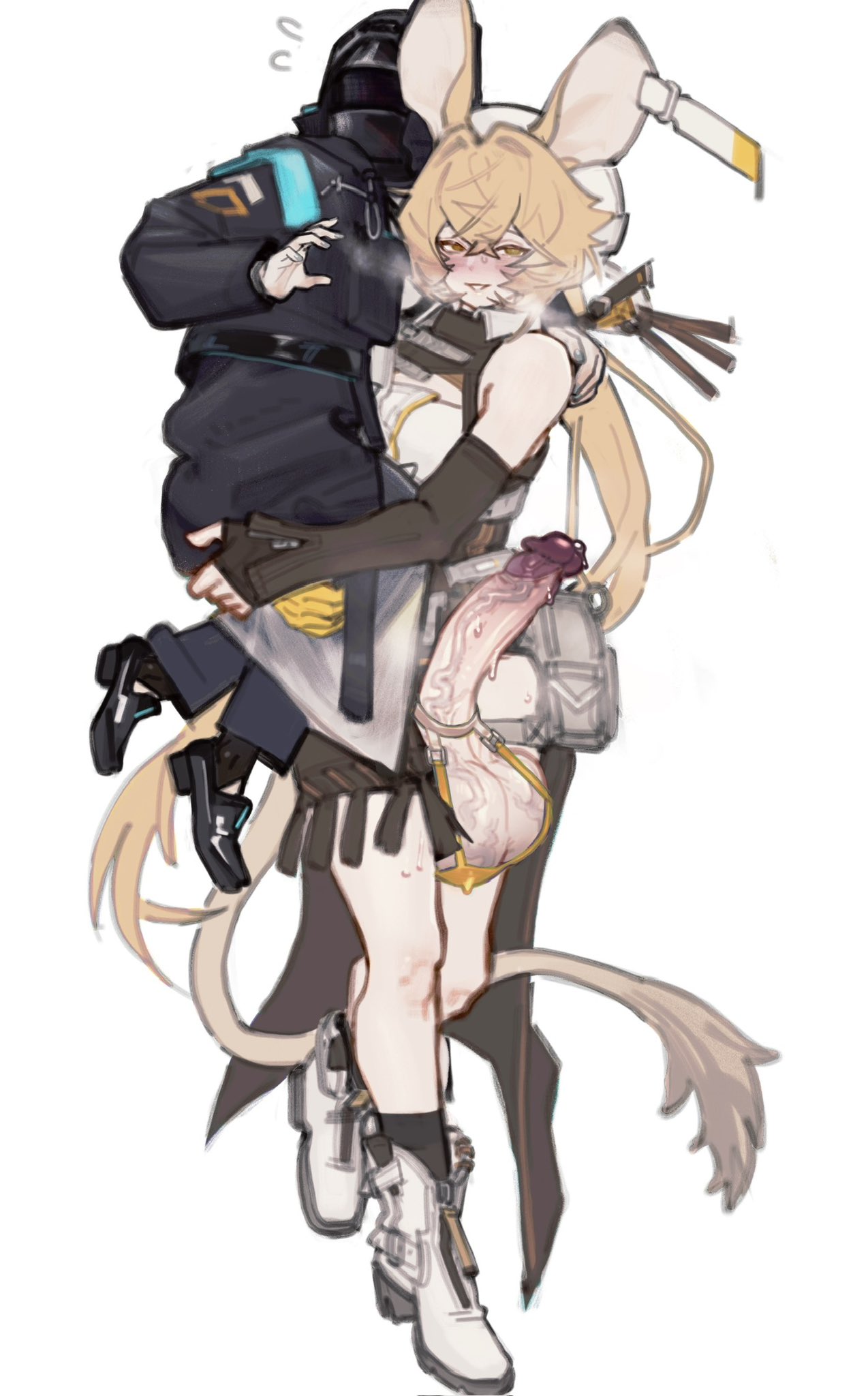 1boy 1futa animal_ears arknights ball_bra balls blonde_hair breasts carrying_another clothed clothing doctor_(arknights) dorothy_(arknights) duo erection fully_clothed futanari hitobashira_(1746164306) huge_balls huge_cock human humanoid humanoid_penis kemonomimi light-skinned_futanari light_skin male mostly_clothed penis rat_ears short_hair standing victim_alice