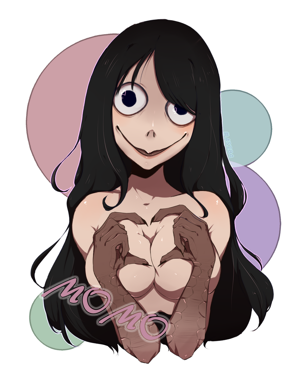 black_hair breasts claws creepy creepypasta finger_heart heart_fingers horror long_hair momo_(creepypasta) nightmare_waifu nude nude_female scales slit_nostrils smile smiling smiling_at_viewer talons wide_eyed wide_smile