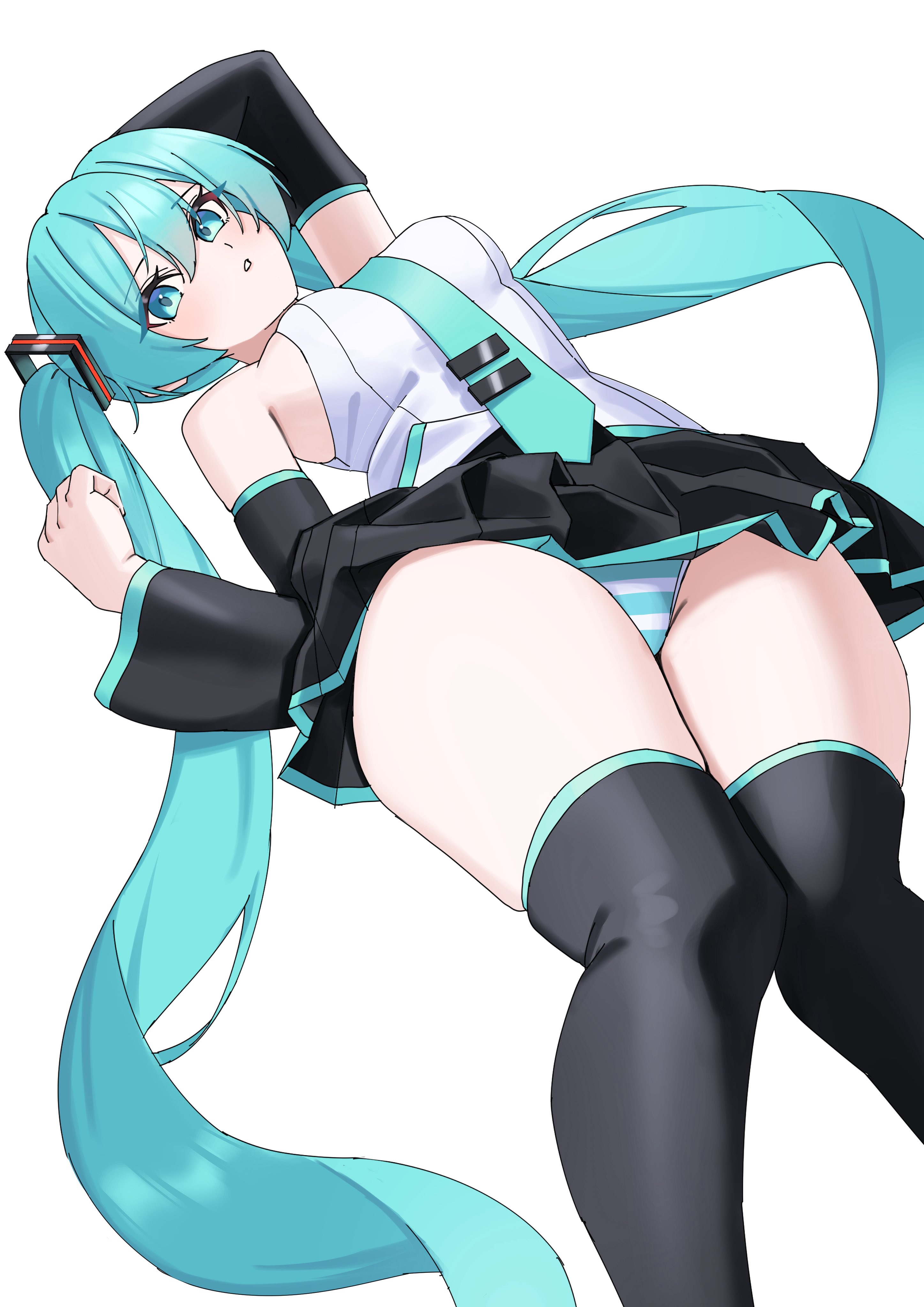1girl, 1girls, aqua eyes, aqua hair, artist request, bangs, bare shoulders, black legwear, black skirt, black sleeves, black thighhighs, blue eyes, blush, breasts, detached sleeves, female, female only, from below, hair between eyes, hair ornament, hatsune miku, long hair, looking at viewer, medium breasts, miniskirt, necktie, panties, pantyshot, parted lips, pleated skirt, shirt, simple background, skirt, sleeveless, sleeveless shirt, solo, striped, striped panties, tagme, thighhighs, thighs, twintails, underwear, very long hair, vocaloid, white background, white shirt