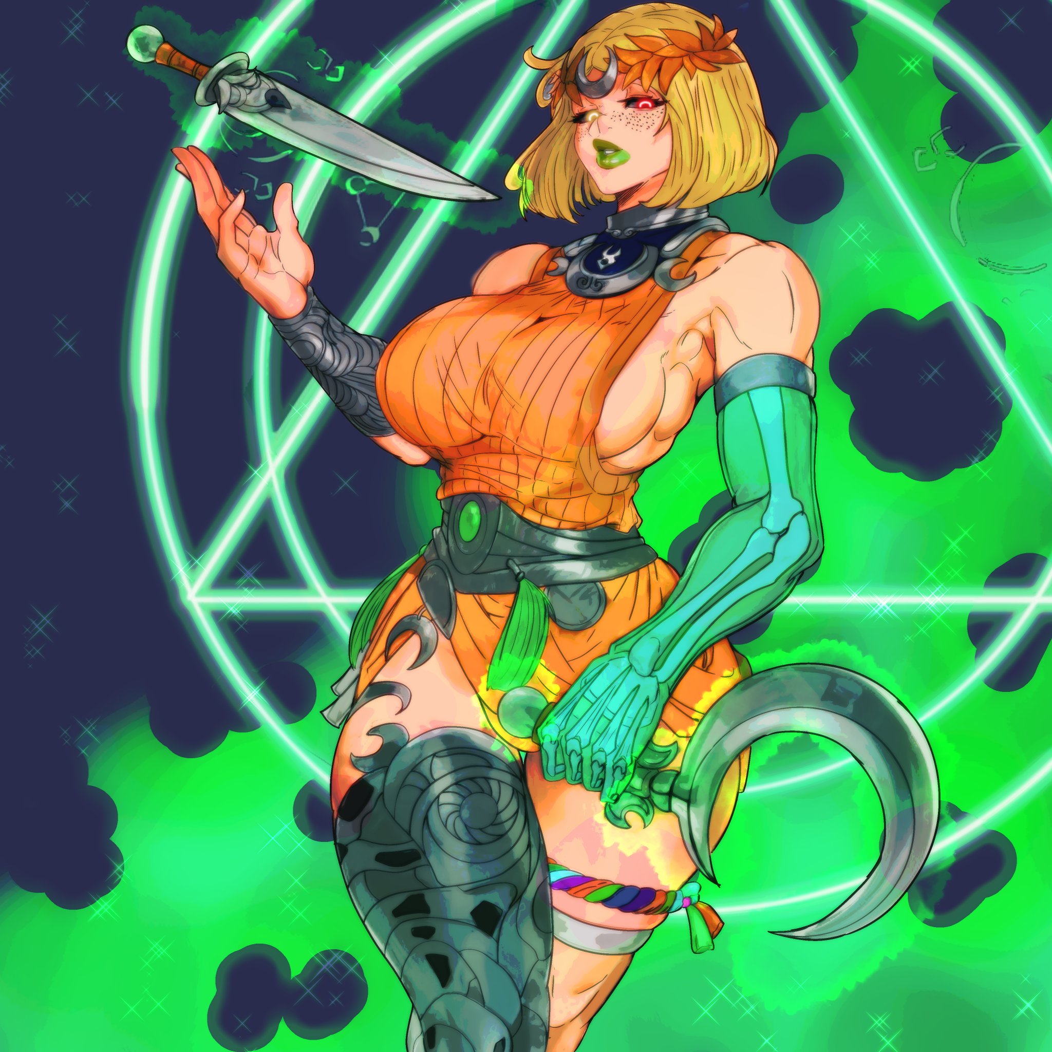 1girls, armor, blonde hair, bone, breasts, deity, european mythology, female, freckles, garter, goddess, greek mythology, green lipstick, hades (game), hades 2, heterochromia, knife, large breasts, lipstick, looking at viewer, master dcj, melinoe (hades), missing arm, muscular, muscular female, mythology, public domain, short hair, sideboob, thick thighs, weapon
