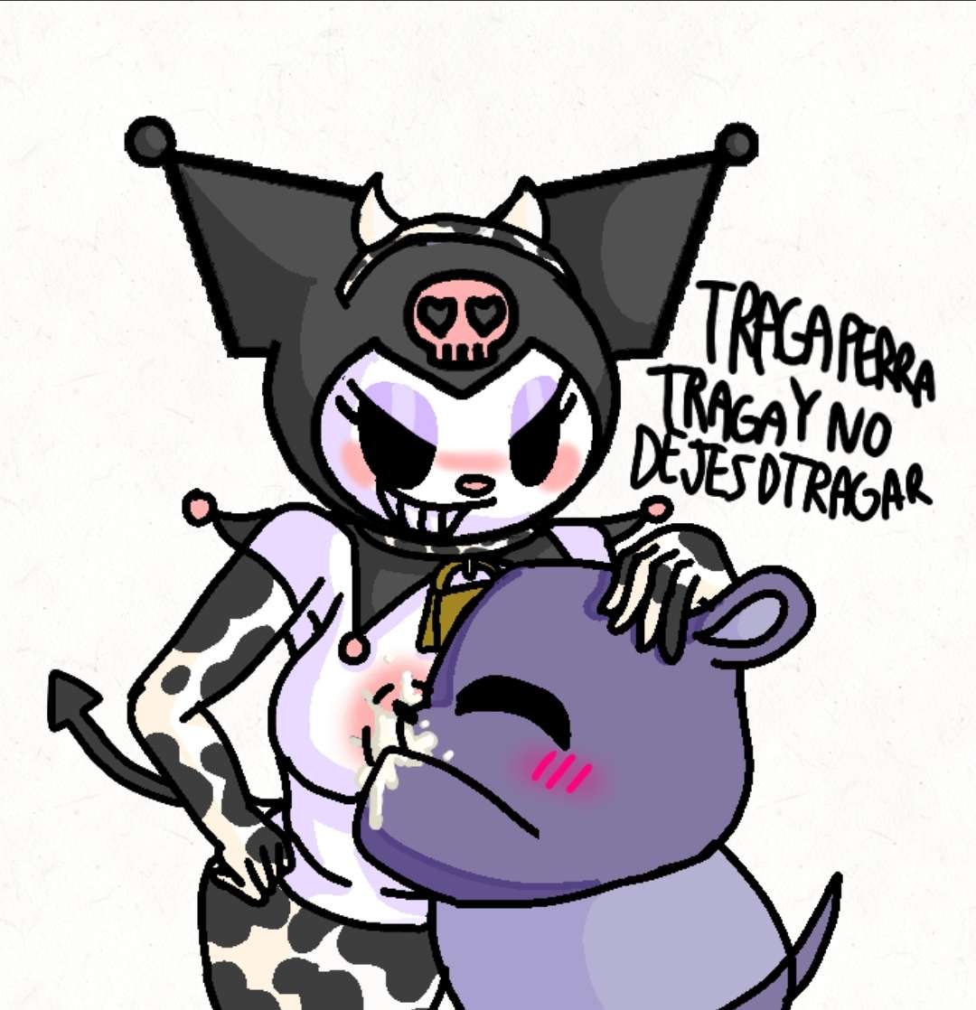 baku_(sanrio) big_breasts cow_print dara1n drinking_milk kuromi milking milking_breasts onegai_my_melody sanrio simple_background size_difference spanish_text