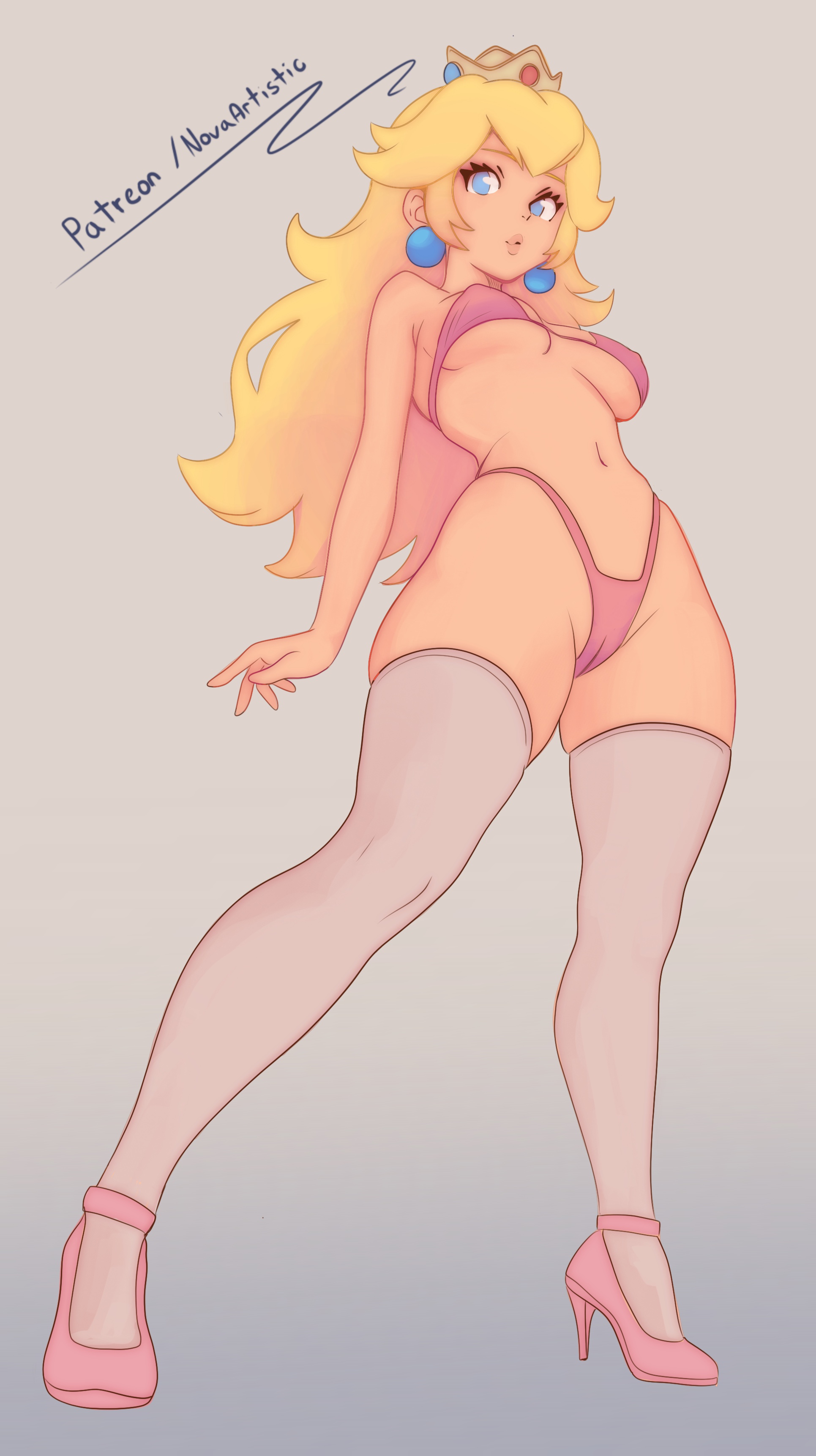1girls, 2d, artist name, big breasts, bikini, blonde hair, blue eyes, cameltoe, clothed, clothed female, color, crown, earrings, female, female only, full color, high heels, long hair, mario (series), nintendo, non-nude, novaartistic, princess peach, pumps, sexy, shoes, simple background, solo, stockings