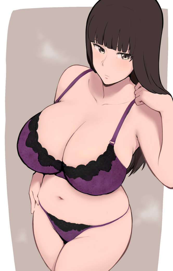 1girls, bra, breasts, brown eyes, brown hair, curvaceous, curvy, feet out of frame, female, girls und panzer, hotmilker, huge breasts, human, large breasts, long hair, looking at viewer, mature, mature female, milf, mother, nishizumi shiho, simple background, standing, underwear, white background