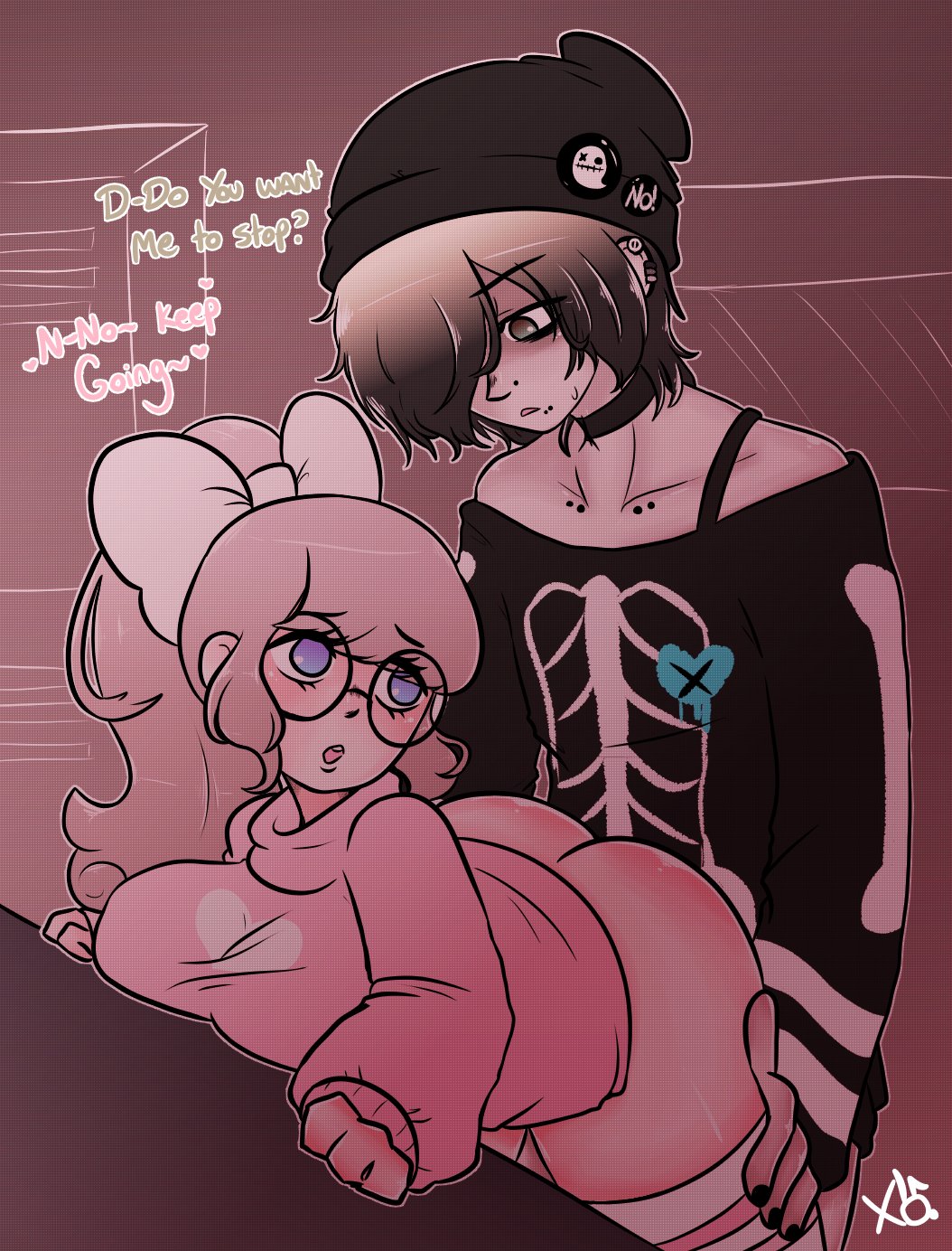 1boy, 1girls, bottomless, clothed, clothing, female, femboy, femboy on female, male, partially clothed, pink clothing, quietbunz, tagme
