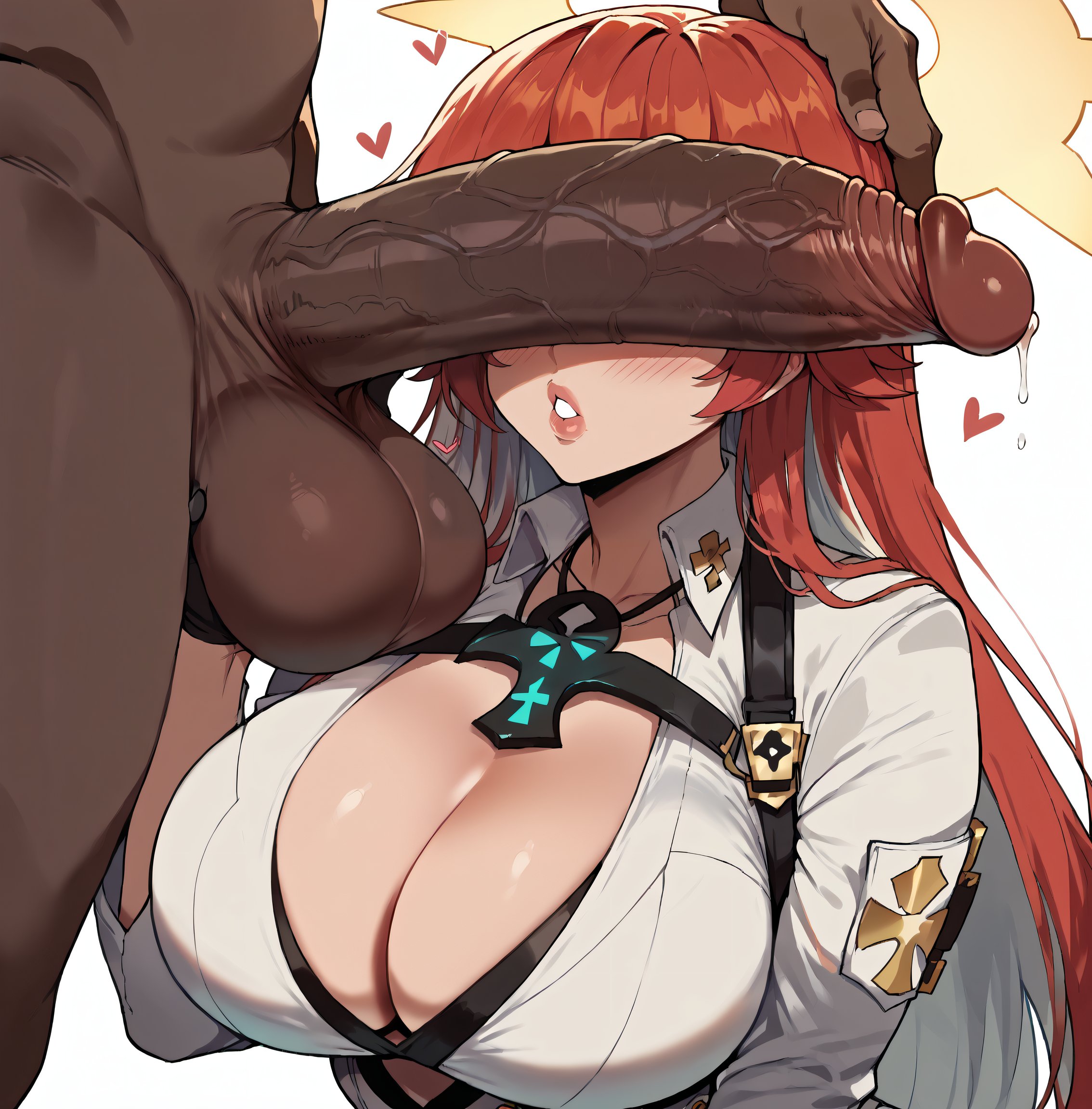 1boy, 1girls, ai generated, balls, big balls, big breasts, big penis, blush, breasts, cant see the haters, dark skin, dark-skinned male, erection, female, guilty gear, hand on head, heart, huge cock, interracial, jack-o' valentine, large breasts, male, massive breasts, massive penis, nagoriyuki, penis, penis covering eyes, penis over eyes, precum, smogai
