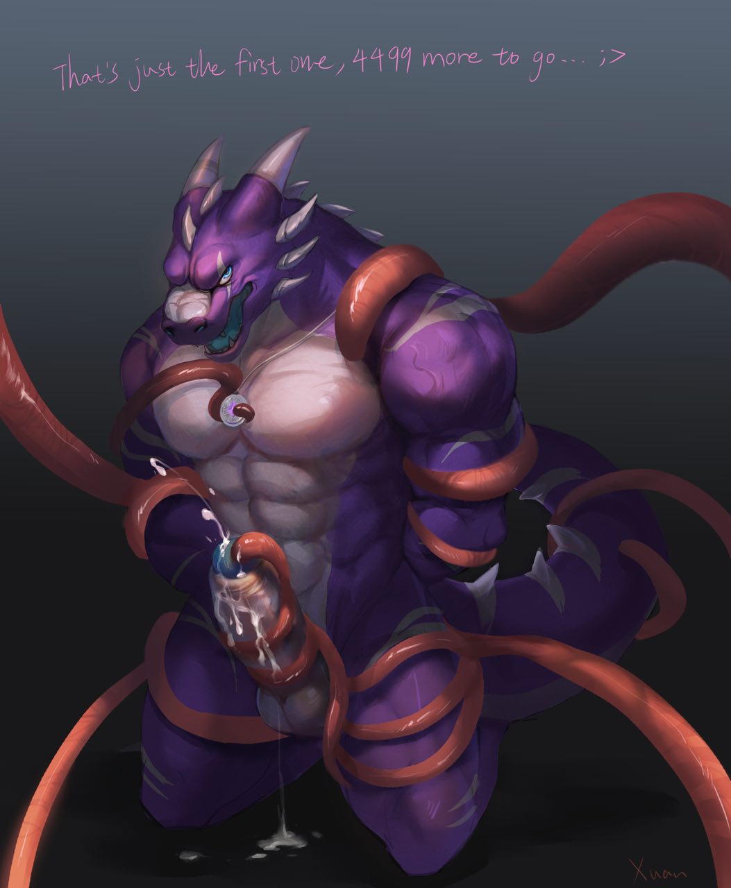 1boy abs anthro balls biceps big_muscles big_penis capture cum dragon erection forced forced_orgasm hi_res kneeling male male_only muscular nude orgasm penis penis_milking rape raventhan reptile scalie solo tentacle western_dragon xuan_sirius