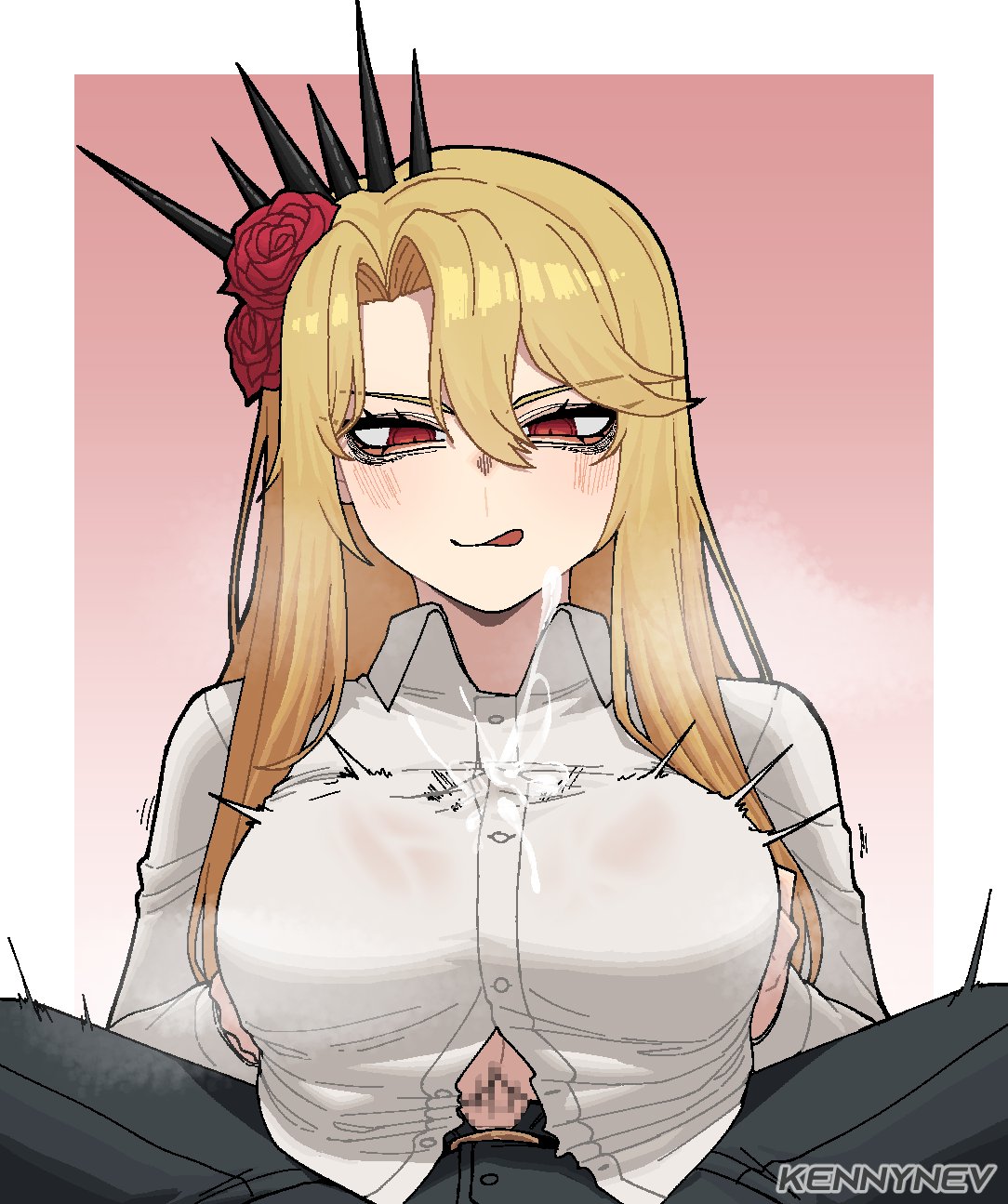 1boy 1girls artist_name big_breasts blonde_hair blush breasts censored censored_penis clothing cum cum_through_clothes don_quixote_(limbus_company) ejaculation ejaculation_between_breasts engulfing_paizuri female female_focus flower flower_in_hair hair_ornament k3nnyn3v large_breasts legwear licking_lips light-skinned_female light-skinned_male light_skin limbus_company long_hair male male_pov mosaic_censoring paizuri paizuri_lead_by_female paizuri_under_clothes pants penis pov project_moon red_eyes rose shirt smile steam straight titjob tongue unbuttoned upper_body